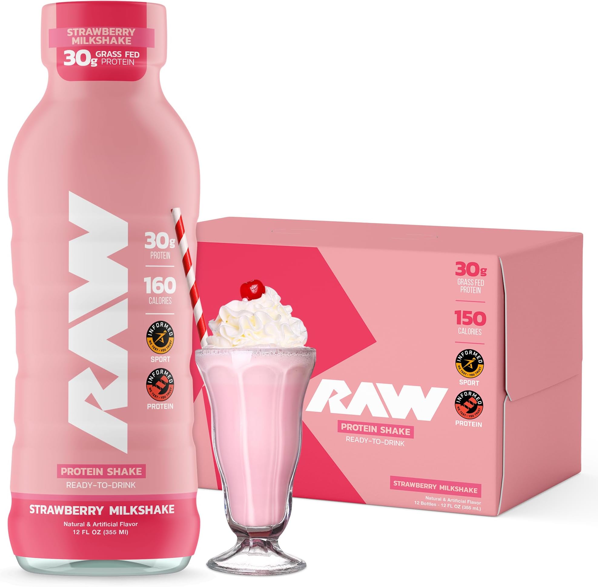 RAW Ready-to-Drink Protein Shake, Strawberry - RTD Protein Drinks with Grass-Fed Whey Protein Isolate for Post-Workout - Zero-Sugar & Gluten-Free Meal Replacement Drink & Breakfast Shake, 12 Fl Oz