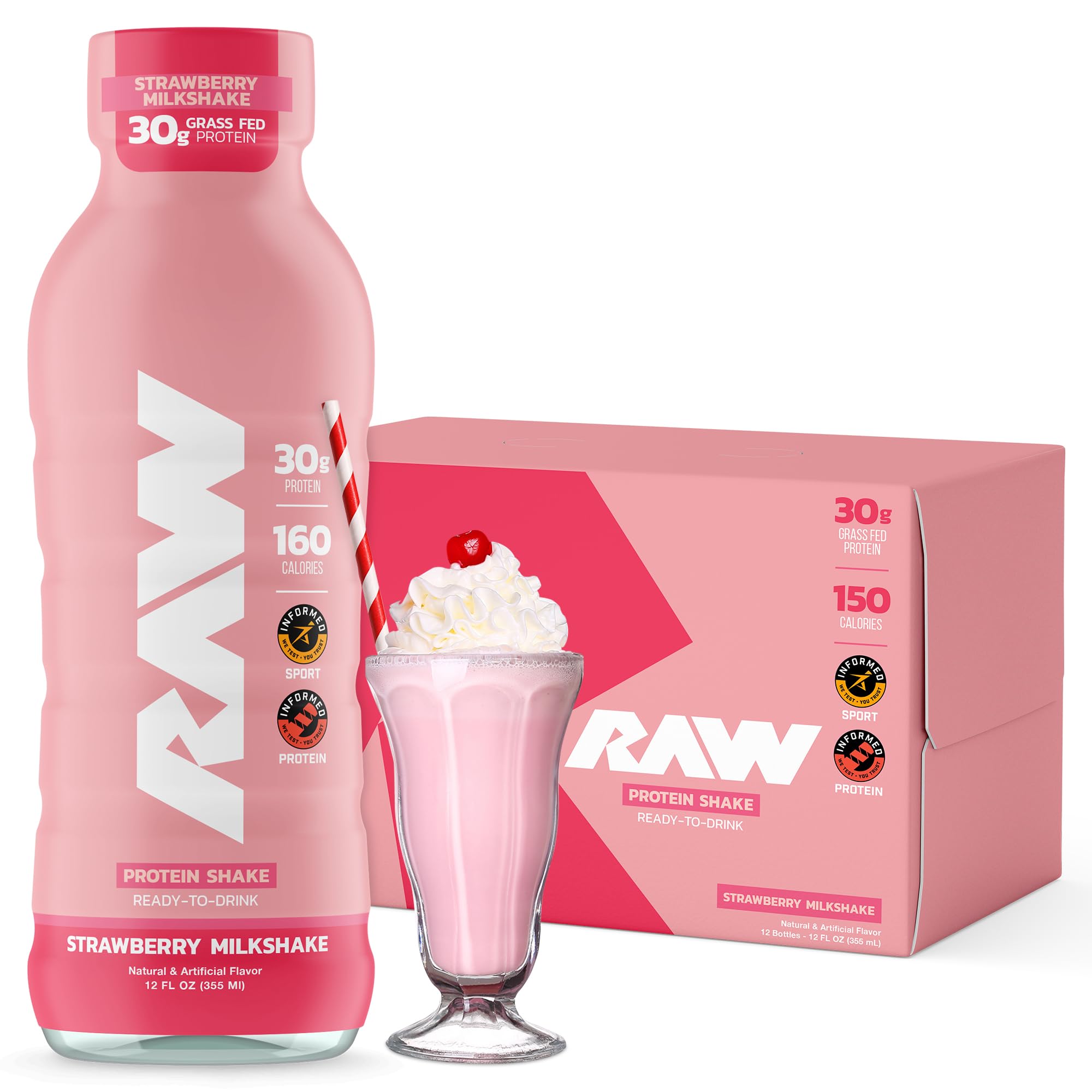 RAW Ready-to-Drink Protein Shake, Strawberry - RTD Protein Drinks with Grass-Fed Whey Protein Isolate for Post-Workout - Zero-Sugar & Gluten-Free Meal Replacement Drink & Breakfast Shake, 12 Fl Oz