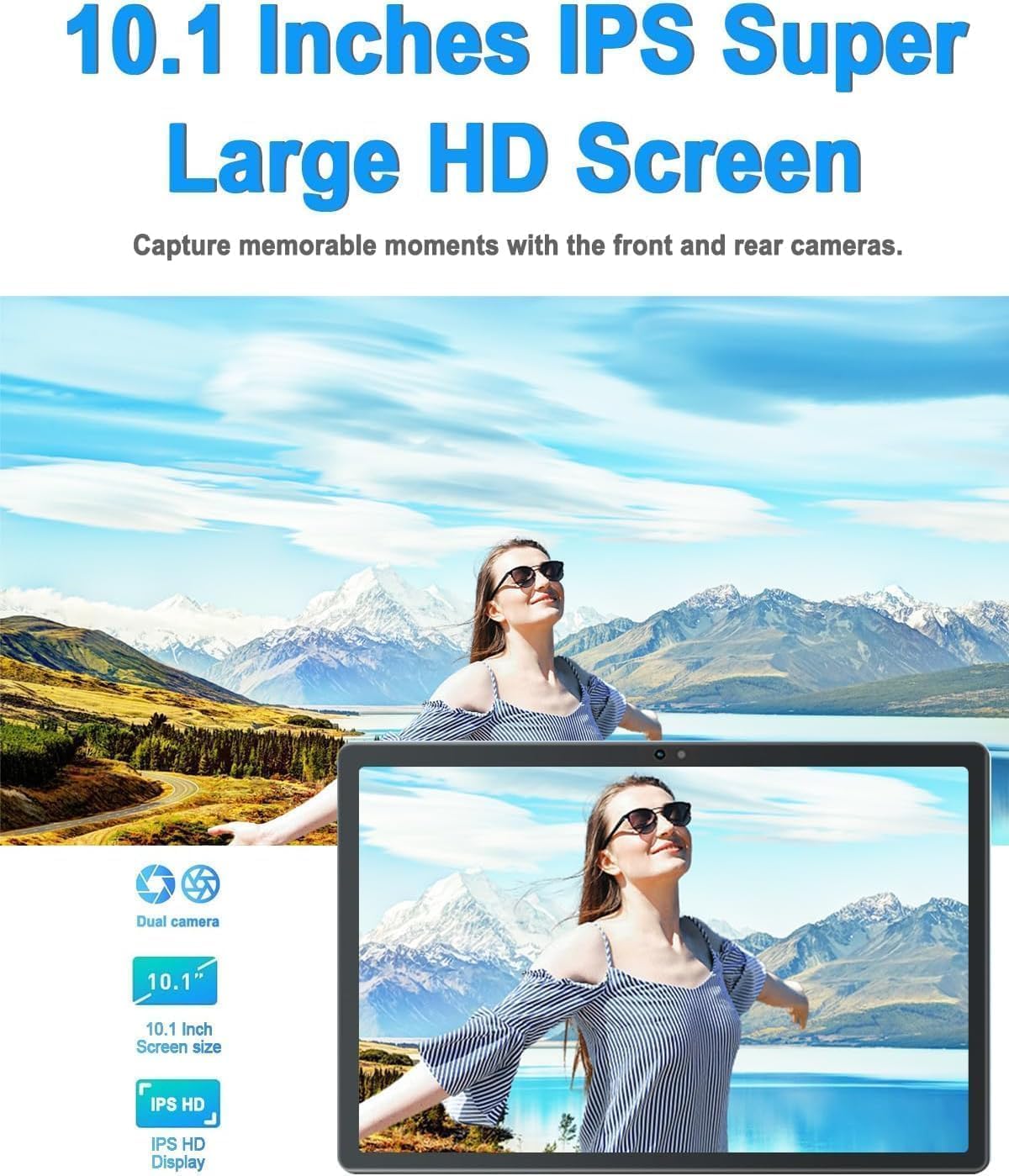 Una donna sorridente all'aperto, con un'immagine sovrapposta dello schermo IPS HD da 10.1 pollici e della doppia fotocamera.