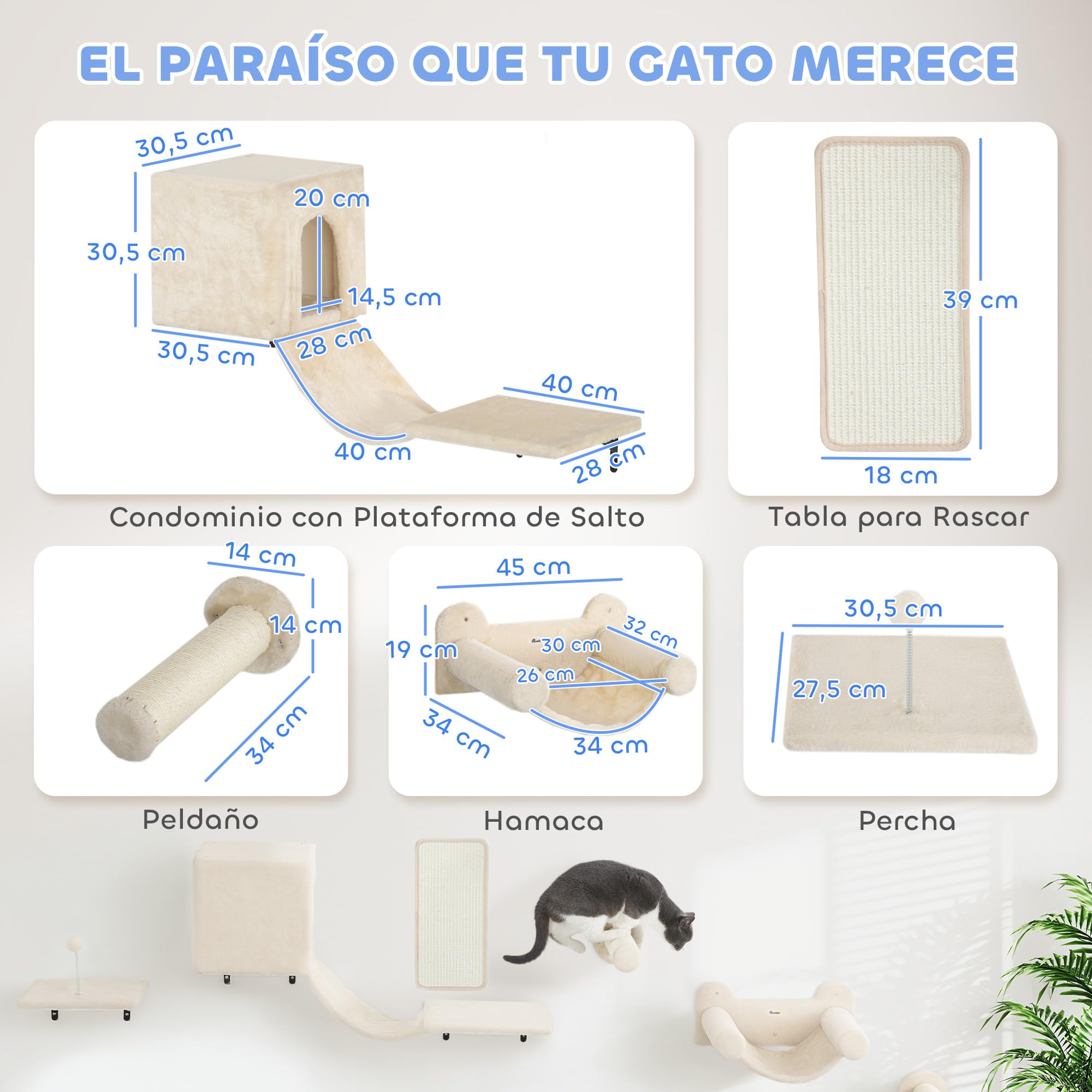 PawHut Juego de Pared de Escalada para Gatos Condominio 6 Piezas Beige | Estanterías para Gatos, Plataforma, Hamaca, Escaleras, Percha, Tabla Rascador, Poste de Sisal, Bola de Juguete