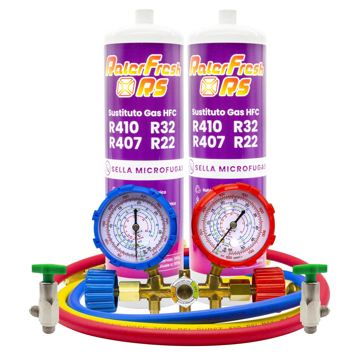 Ralerfresh RS Kühlgas Ersatz R410, R32, R407 und R22 Kühlmittel für Split-Klimaanlage (2 Flaschen + Manometer)