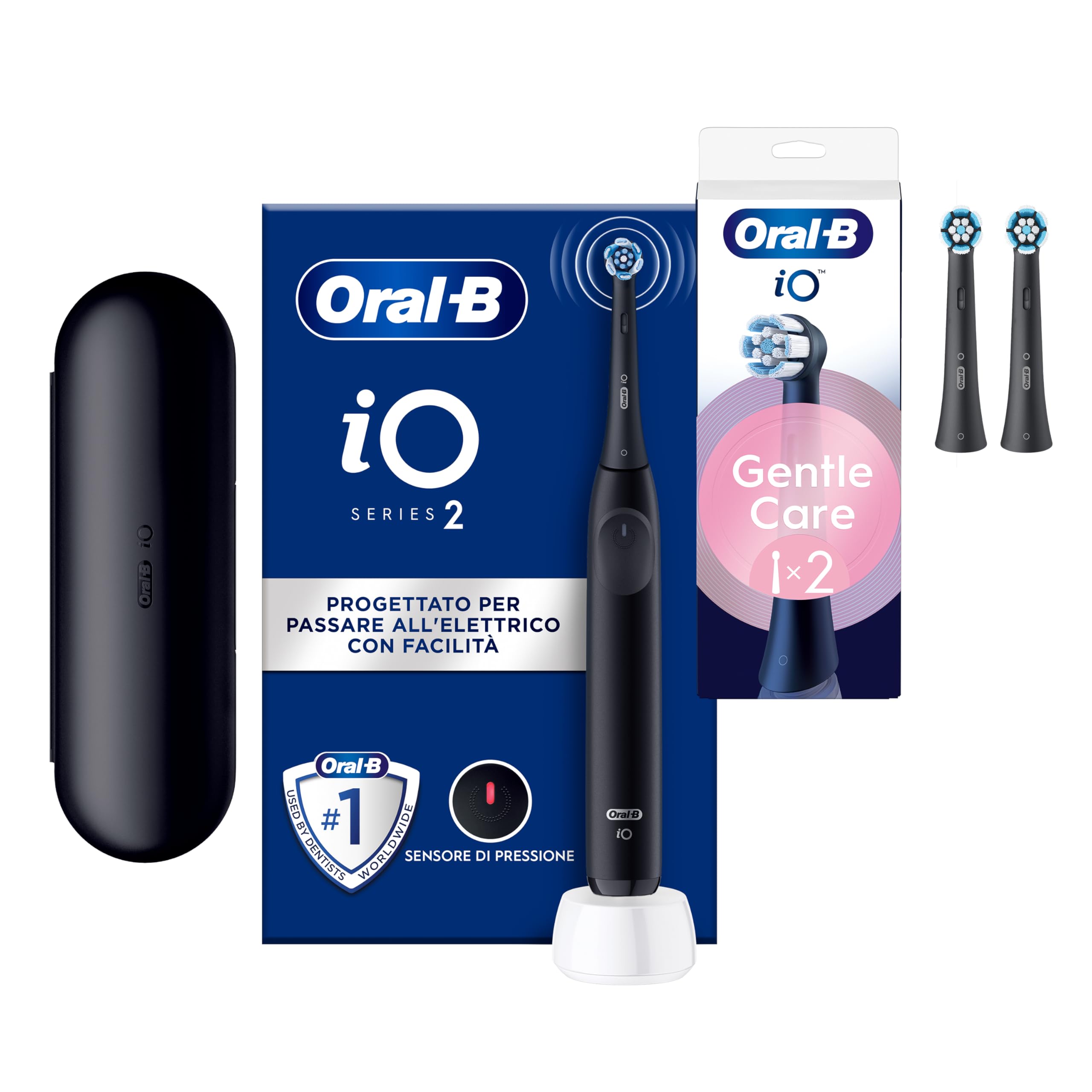 Oral-B Spazzolino Elettrico iO 2 Nero con 1 Testina + 2 Testine Oral B di Ricambio iO Series Gentle Care Nere Delicate Sulle Gengive, 3 Ricambi Spazzolini Elettrici