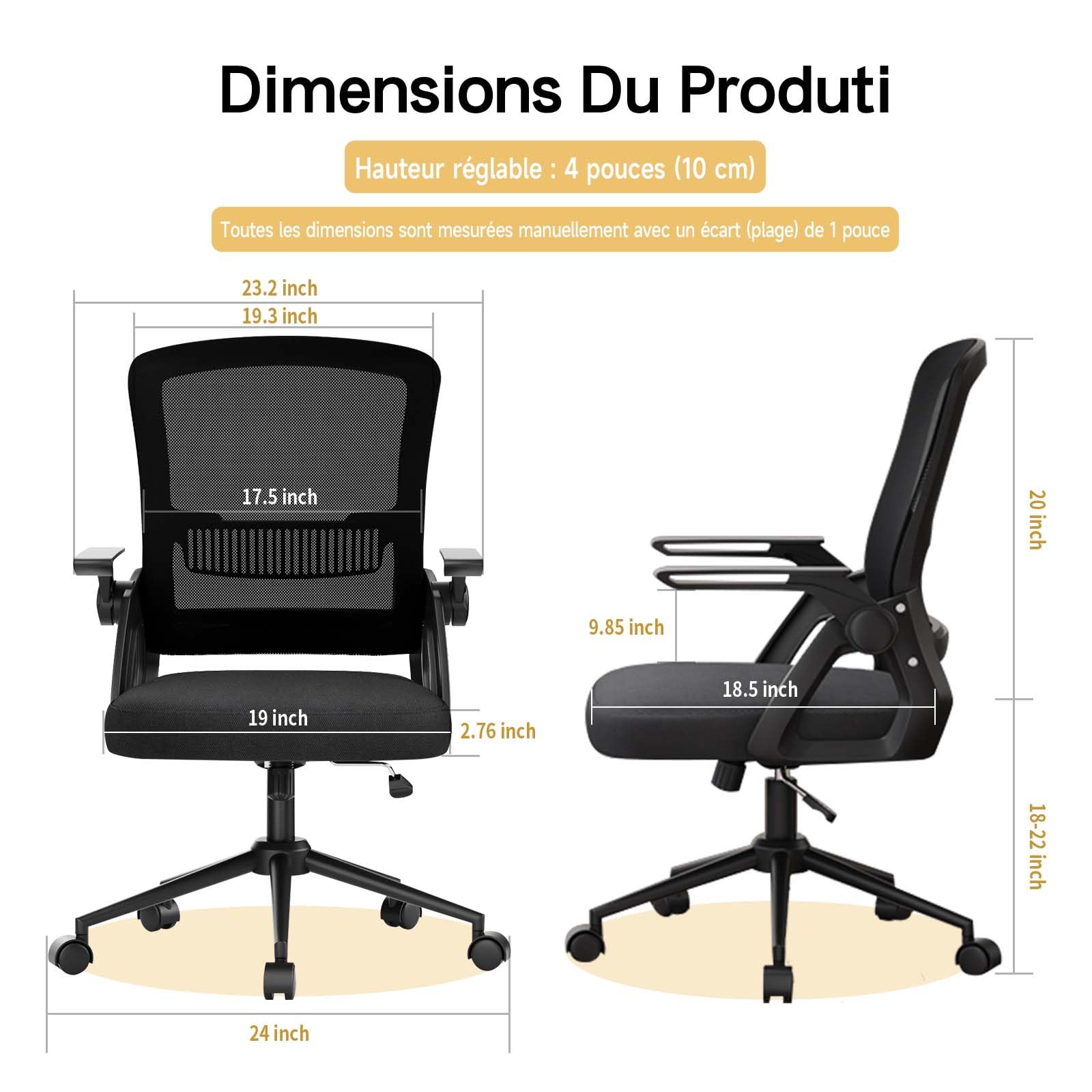 naspaluro Chaise Bureau Ergonomique avec Accoudoirs Pliants,à Hauteur Réglable Chaise de Bureau, Ergonomique en Maille Respirante avec Soutien Lombaire,Roulette Pivotant à 360°, Noir