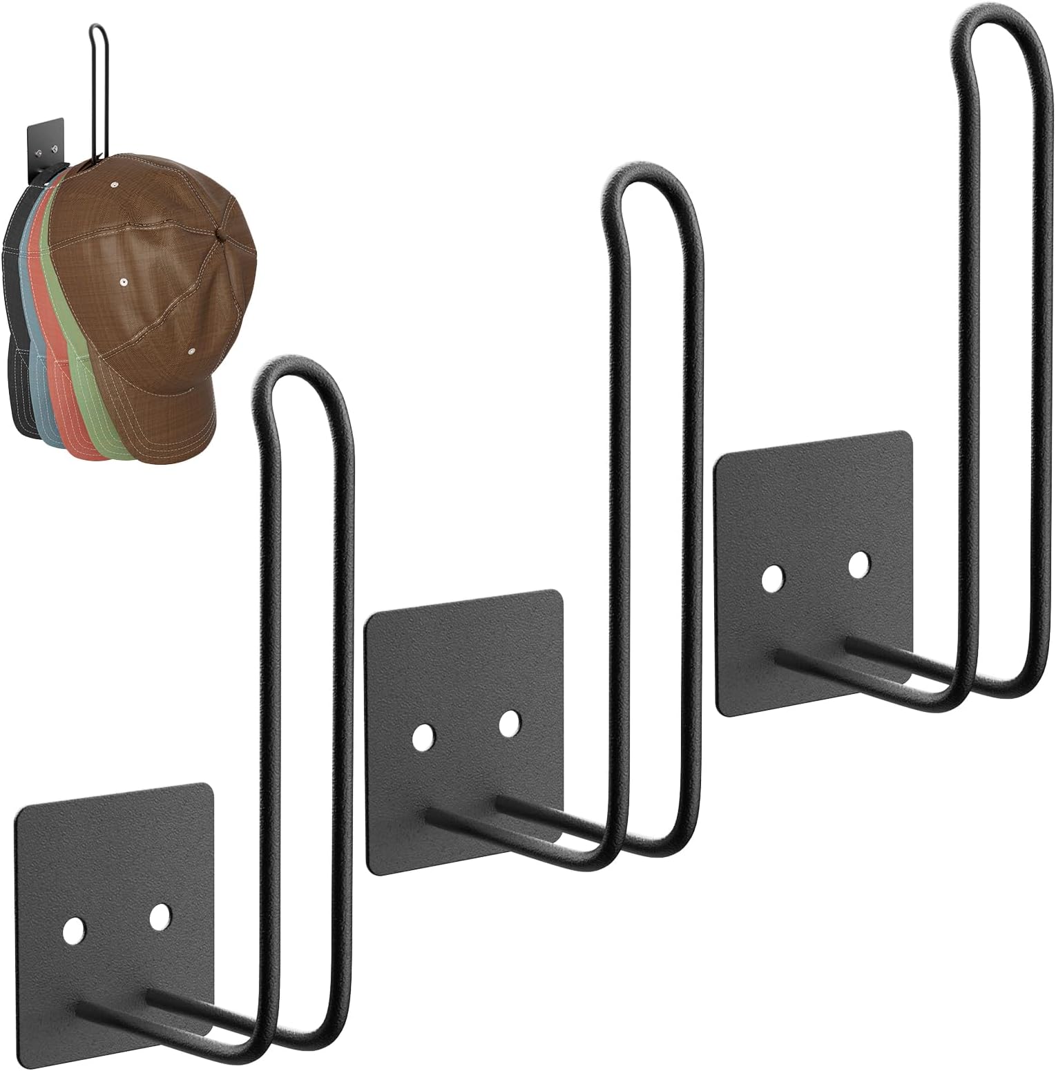 3 Pack Metal Hat Rack, Hat Organizer for Baseball Caps, No Drilling Adhesive/Drilling Hat Holder Storage Organizer for Wall Mount Closet Door, Black