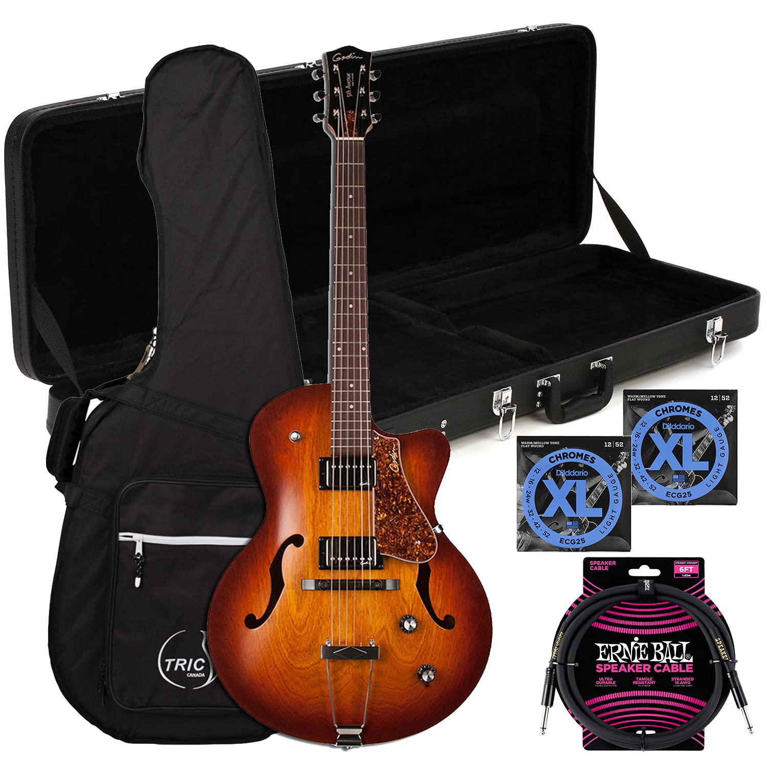 Godin (039289) 5th Avenue CW Kingpin II Hollowbody Electric Guitar (Cognac Burst), Gator Economy Woo