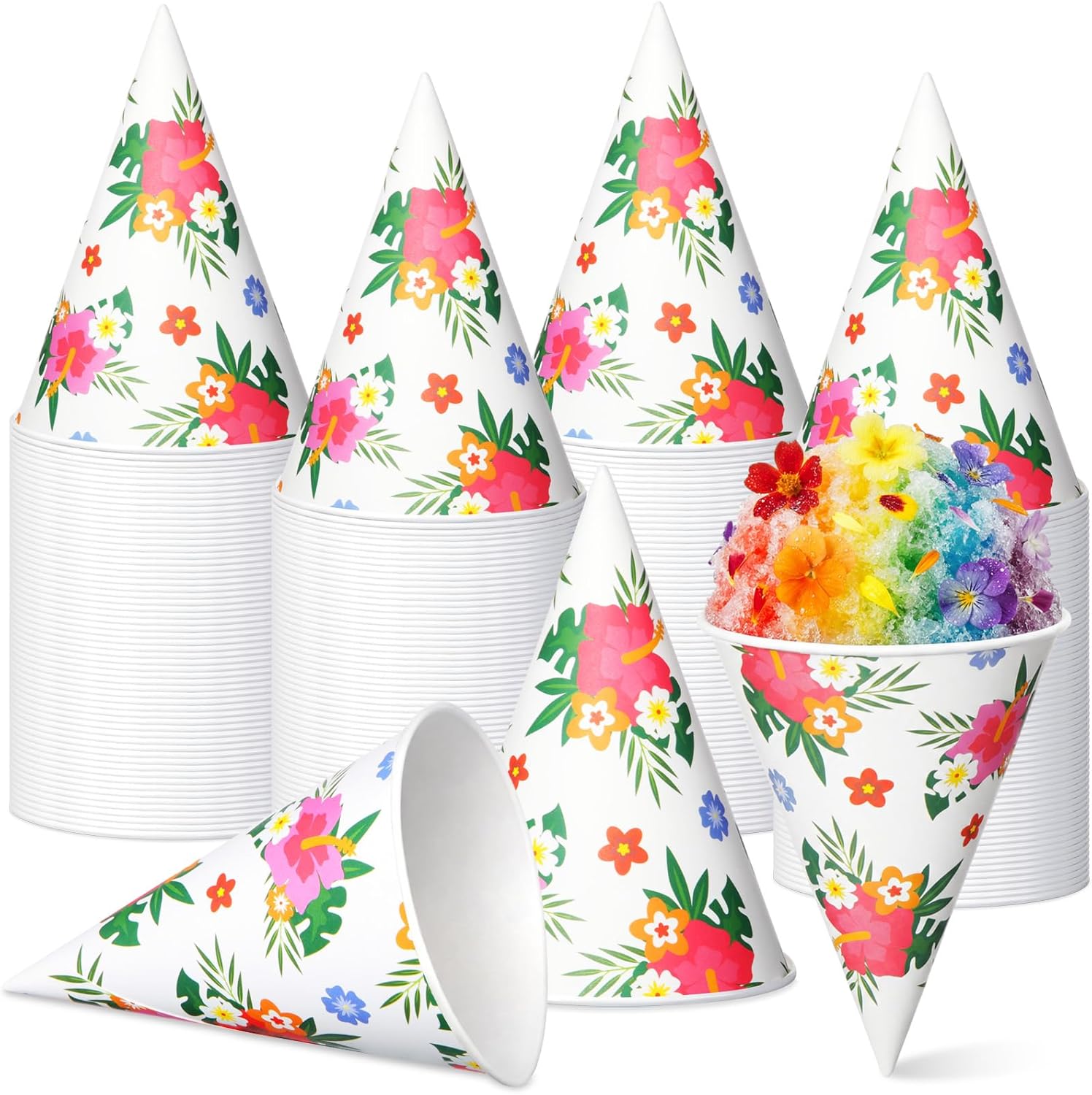 Honeydak 50 Pcs 6 oz Hawaiian Snow Cone Cups Hibiscus Paper Cone Cups Hibiscus Disposable Paper Shaved Cup for Summer Tropical Hawaiian Luau Party Supplies