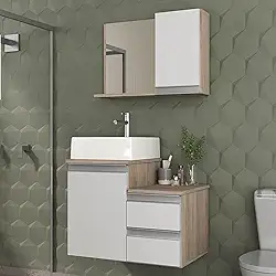 Gabinete Banheiro com Cuba e Espelho Cross 60cm (Madeirado/Branco)