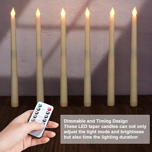 Miniatura 6 de Velas cónicas sin llama con control remoto y temporizador de 11 pulgadas, funciona con pilas, velas LED parpadeantes, luz cálida para bodas,