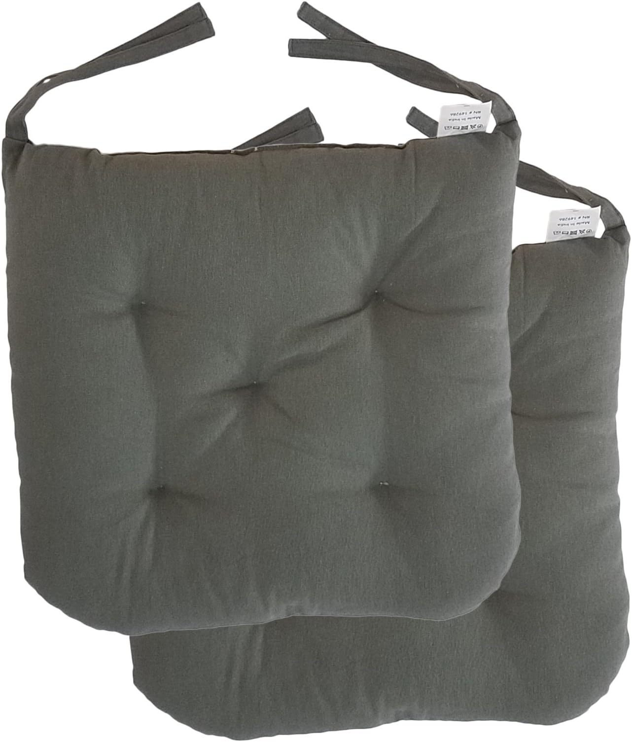 Cottone 100% Cotton Chair Pads w/Ties (Set of 2) | 16” x 15” Round Square | Extra-Comfortable & Soft Seat Cushion | Ergonomic Pillows for Rocking, Dining, Patio, Camping, Kitchen Chairs & More (Grey)