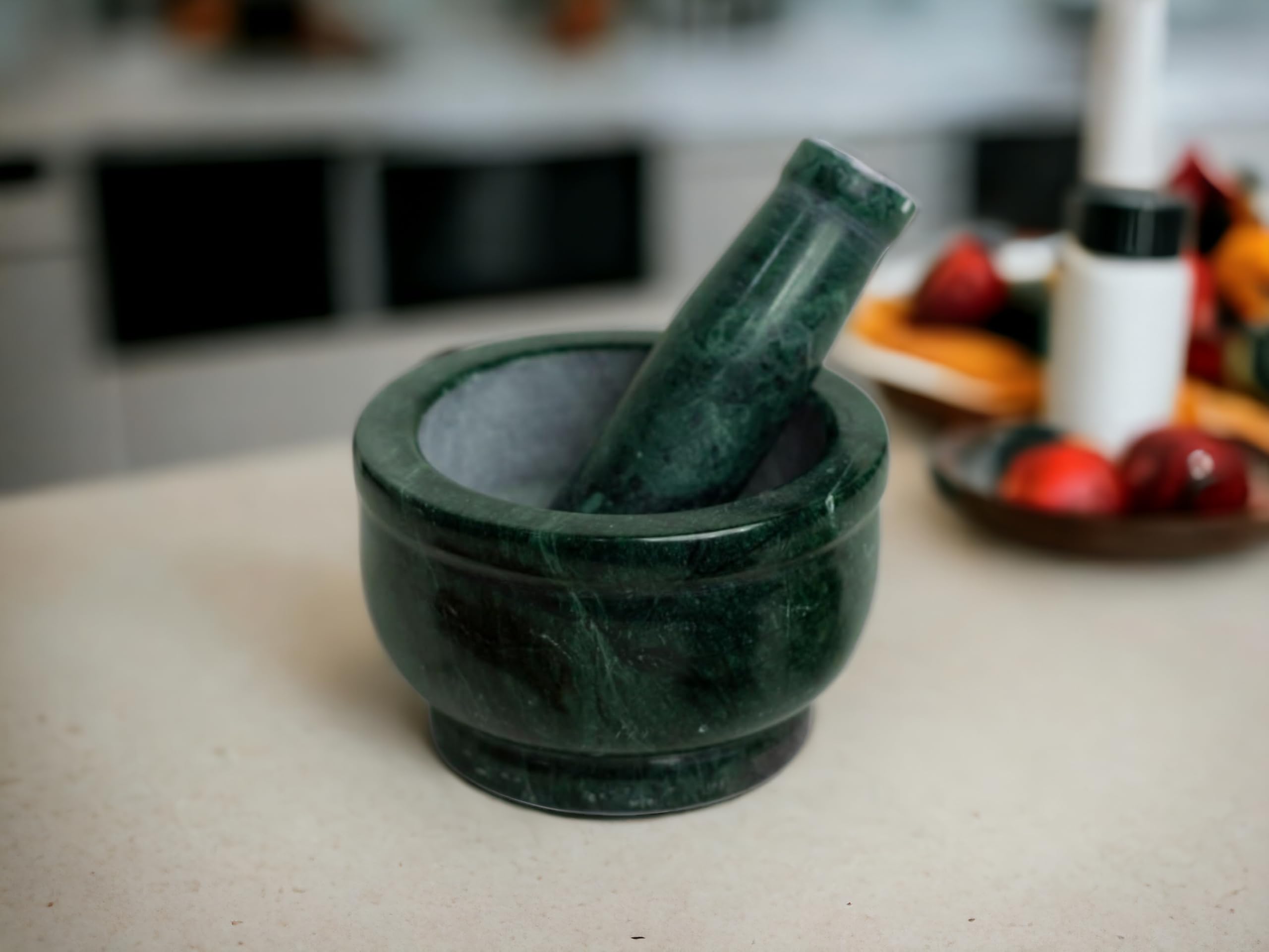 SAUDEEP INDIA Marble Granite Imam Dasta, Mortar and Pestle Set, Ohkli Musal, Kharal Or Khalbatta Or Mixer and Grinder Set for Kitchen Export Quality 4X3 Inch