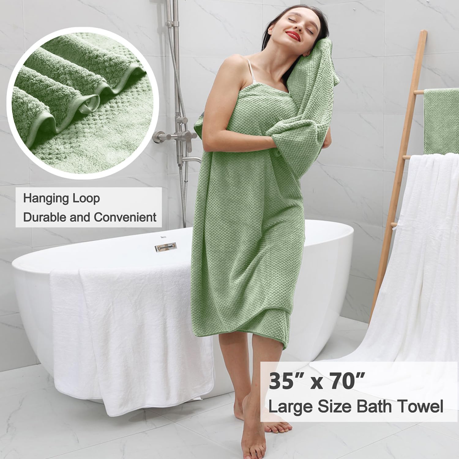 Oliven 8 Piece Green Family Bath Towel Set-2 Oversized Bath Towel Sheets,2 Hand Towels,4 Washcloths-600GSM Soft Highly Absorbent Quick Dry Beach Chair Towels Woven Towels for Bathroom Hotel and Spa - Image 4