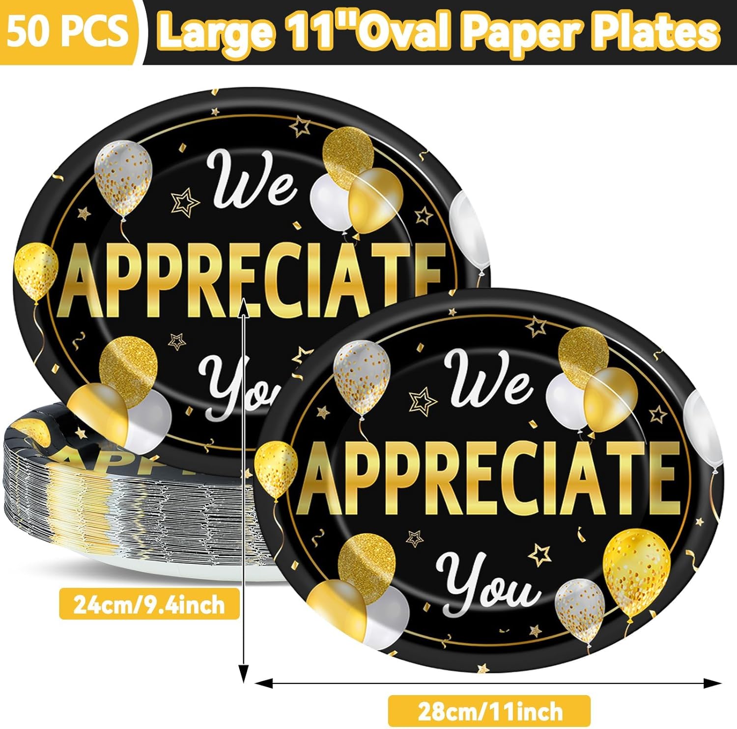 50 Pcs We Appreciate You Party Plates Thank You Plates CNA Appreciation Week Supplies Large 11 Inch Employee Appreciation Party Oval Paper Plate Platter for Teacher Doctor Nurse Staff, Black Gold - Image 2