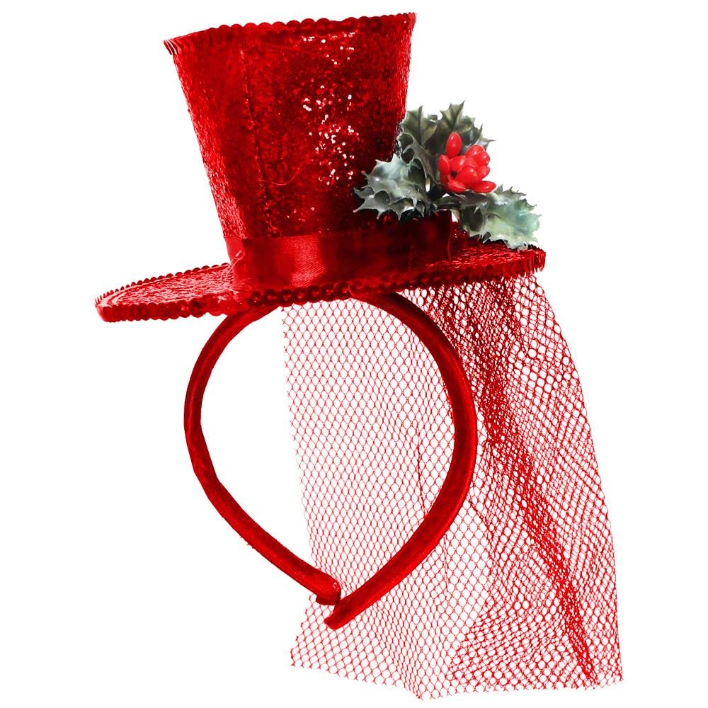 Christmas Hat Accessory Set - Ladies Mini Red Glitter Top Hat With Veil Fascinator + Sprig of Fake Holly - Christmas Party Fancy Dress Accessory