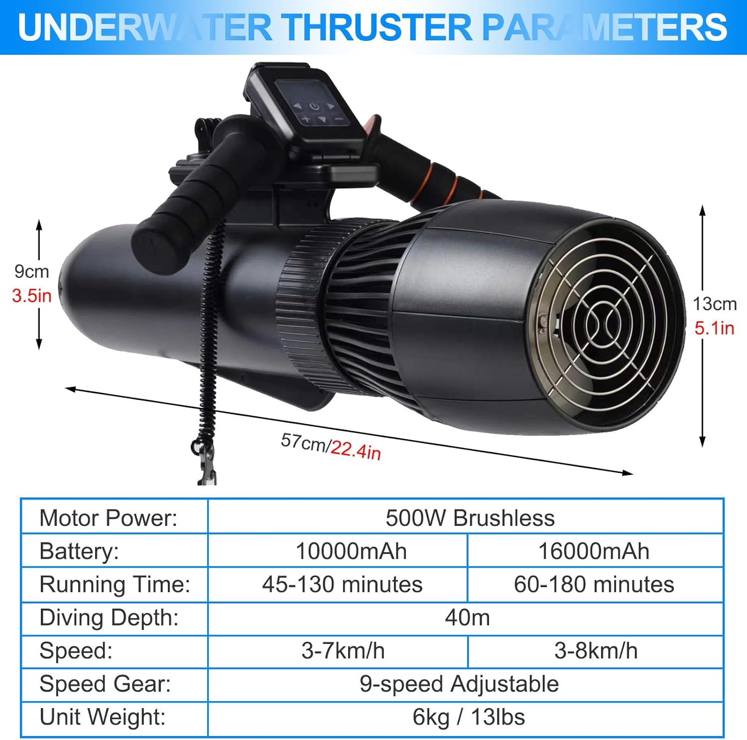 Electric Underwater Scooter, 500W 9-Speed Water Scooter Motor, Diving Swimming Booster Submersible Thruster for Surfboards, 10000mAh Battery
