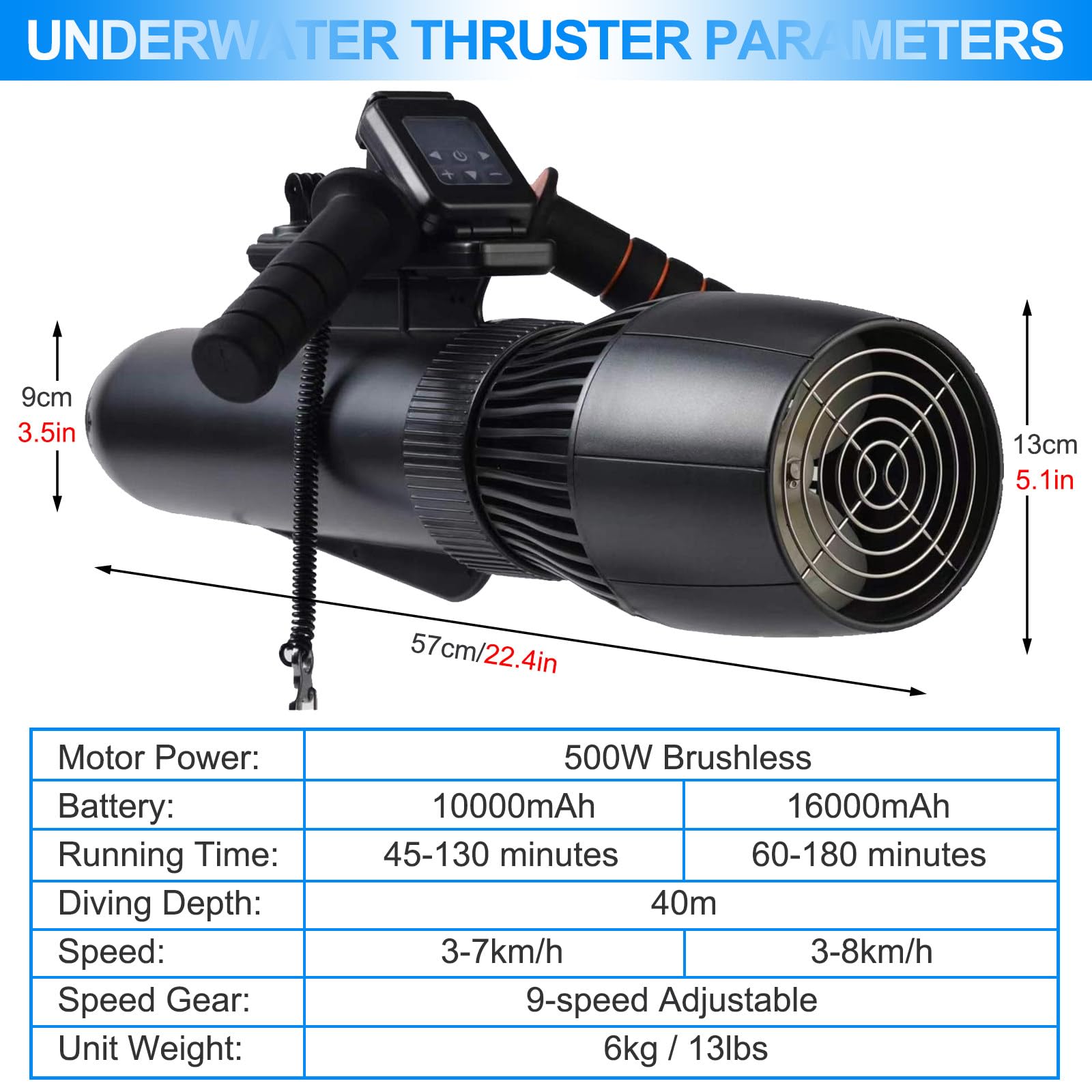 Patinete eléctrico subacuático, motor de 9 velocidades de 500 W, propulsor sumergible para buceo y tablas de surf, batería de 10000 mAh