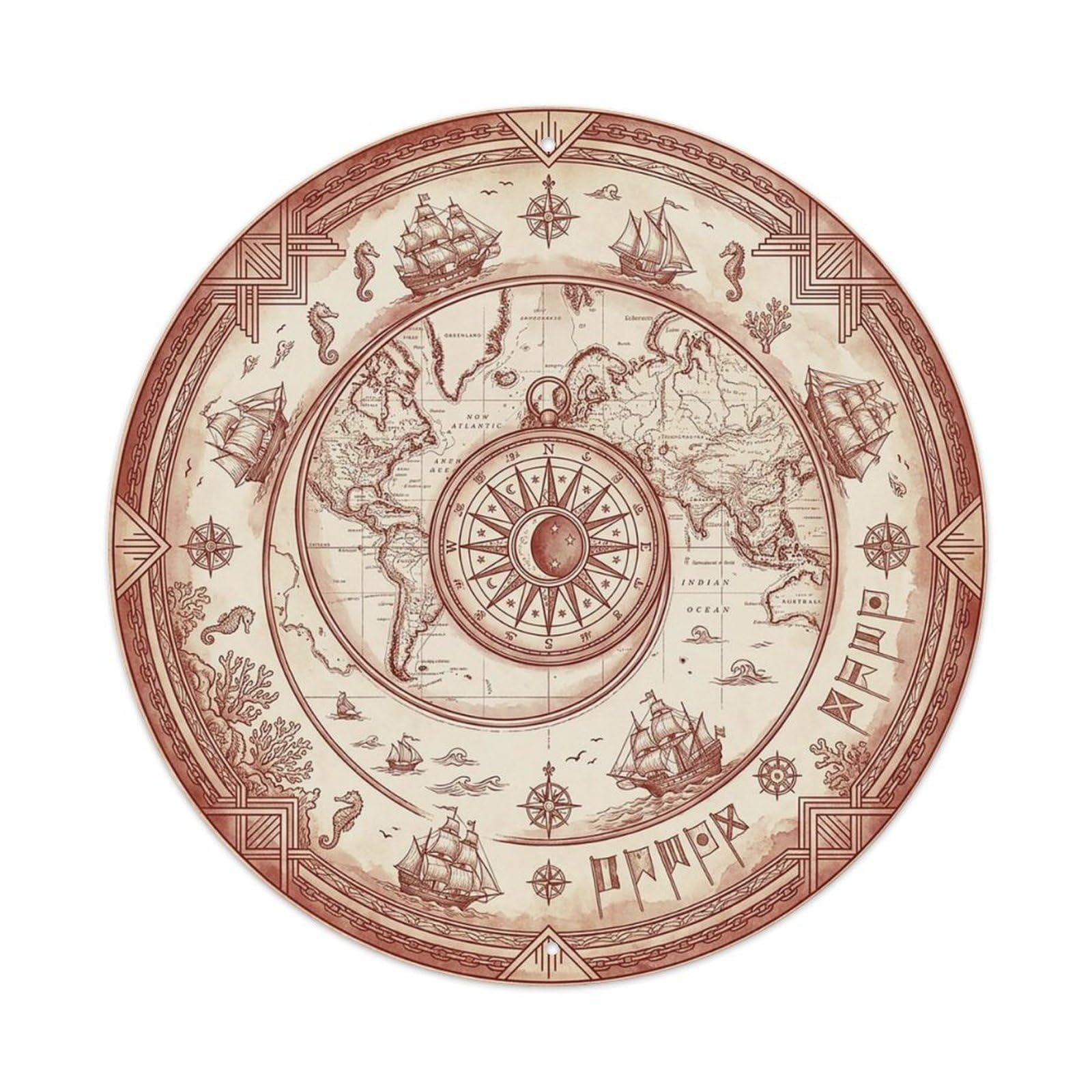 Vintage Nautical Compass World Map Maritime Journey Metal Tin Sign