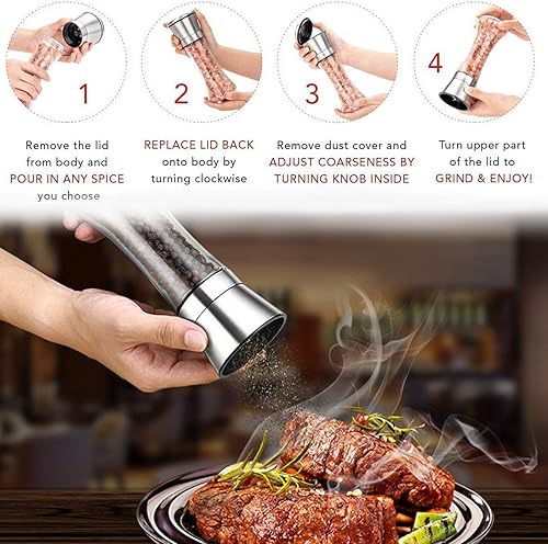 Miniatura 6 de LessMo Juego de molinillo de sal y pimienta con bandeja de pie de madera paquete de 2 molinos de sal y pimienta salero y pimienta recargables de