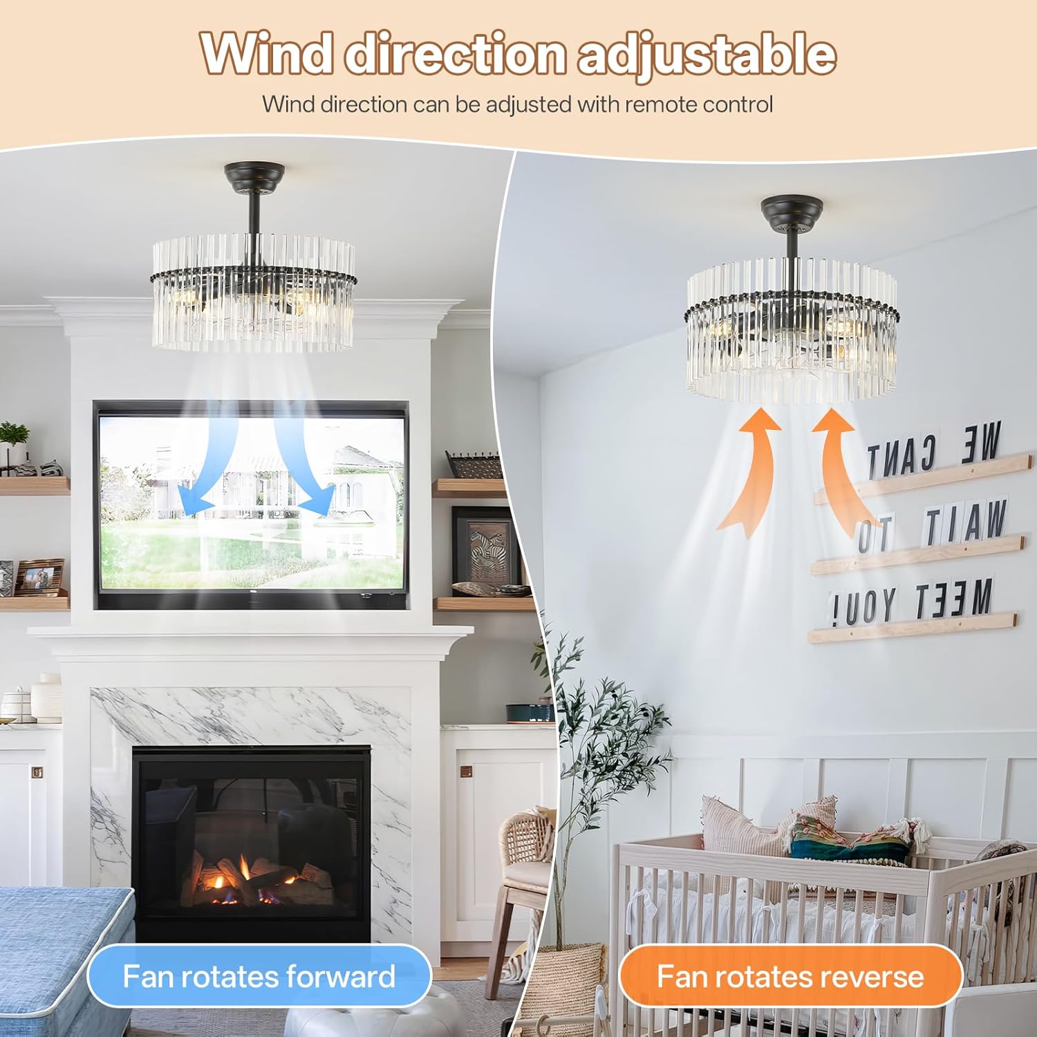 20" Black Crystal Fandelier Ceiling Fans with Lights, Black Crystal Chandelier Ceiling Fan with Light Remote Control, 6 Speeds for Bedroom, Living Room, Nursery