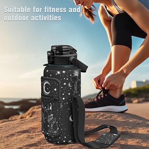 Miniatura 8 de Botella de agua gótica de medio galón de luna negra con funda, sin BPA, 64 onzas, marcador de tiempo motivacional, jarra de agua a prueba de fugas,