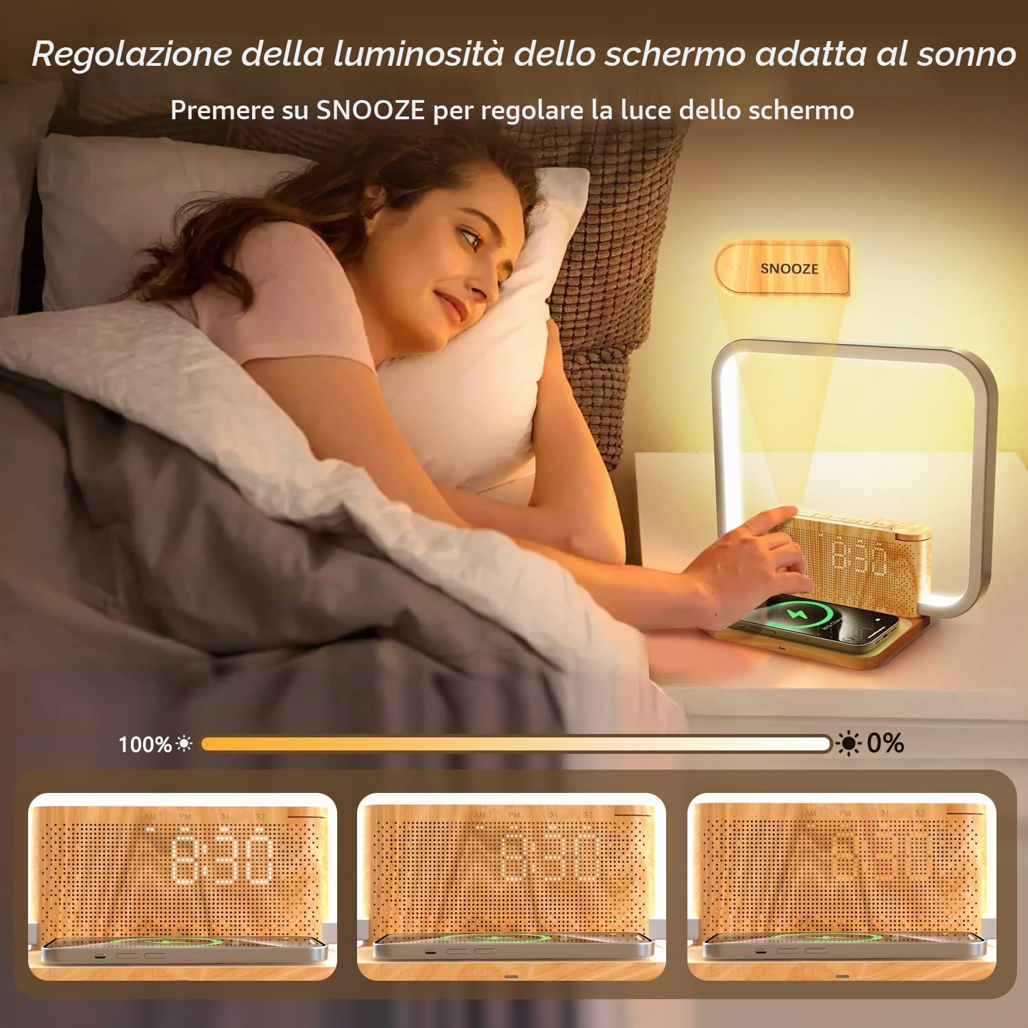 Lampada da comodino con ricarica wireless 10 W, luce Wake Up, 10 suoni naturali, aiuto per addormentarsi e lampada da tavolo dimmibile 3 livelli