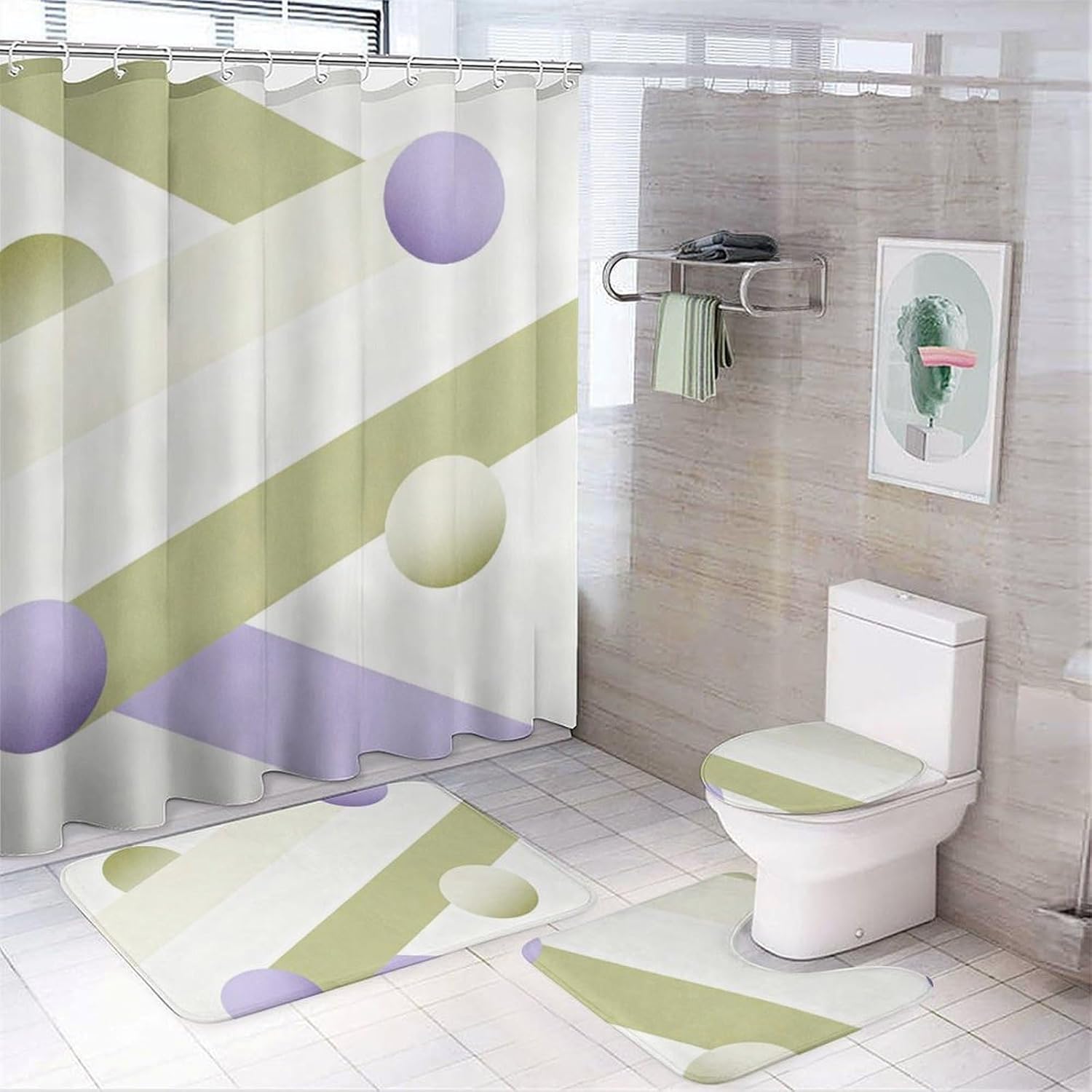 4 Piece Bathroom Rug Set with Shower Curtain, Non-Slip Bath Mat Toilet Cover Set, Linear Bathroom Rug Sets