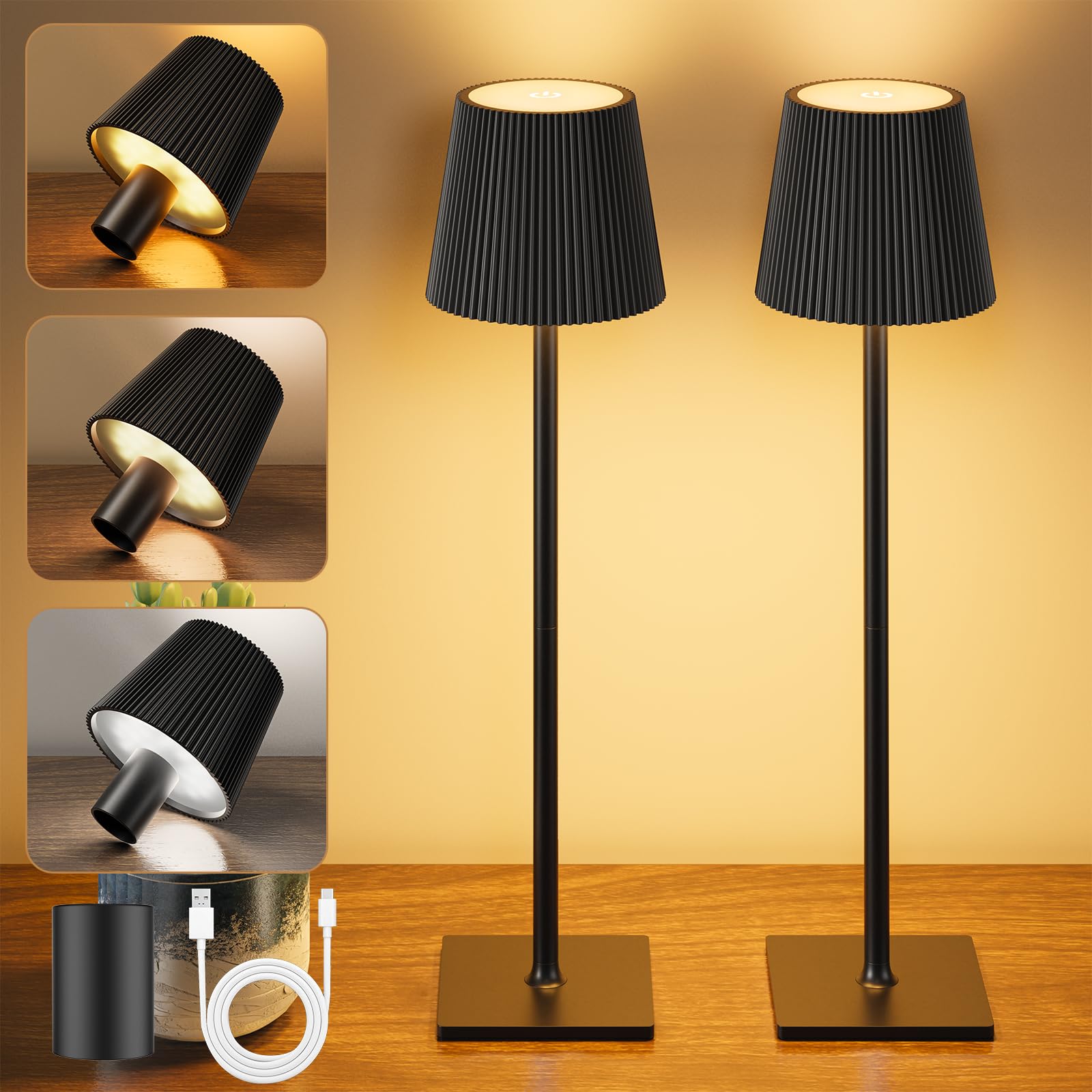 YICAIZI LED Tischlampe 2 Stück Kabellos Akku Tischlampen mit Flaschenverschluss Stufenlos Dimmbar Aufladbar Tischleuchte mit 3 Farbtemperatur für Outdoor, Wohnzimmer, Schlafzimmer, Nachttisch, Schwarz