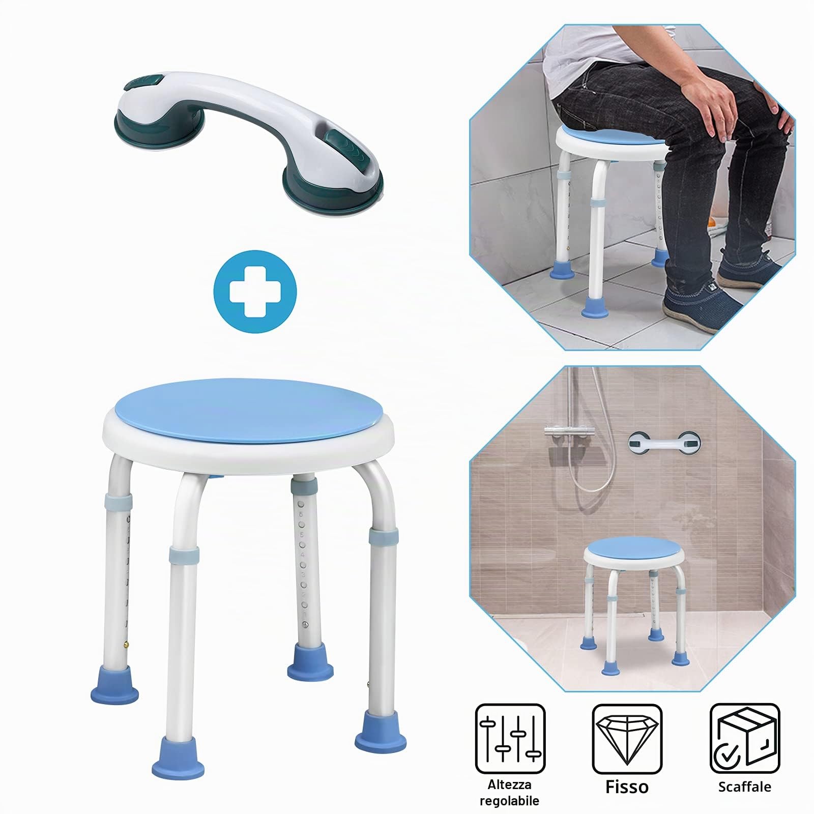 LARS360 Sgabello da doccia con manico, sedia da doccia regolabile in altezza, girevole a 360°, per doccia antiscivolo, 37-53 cm