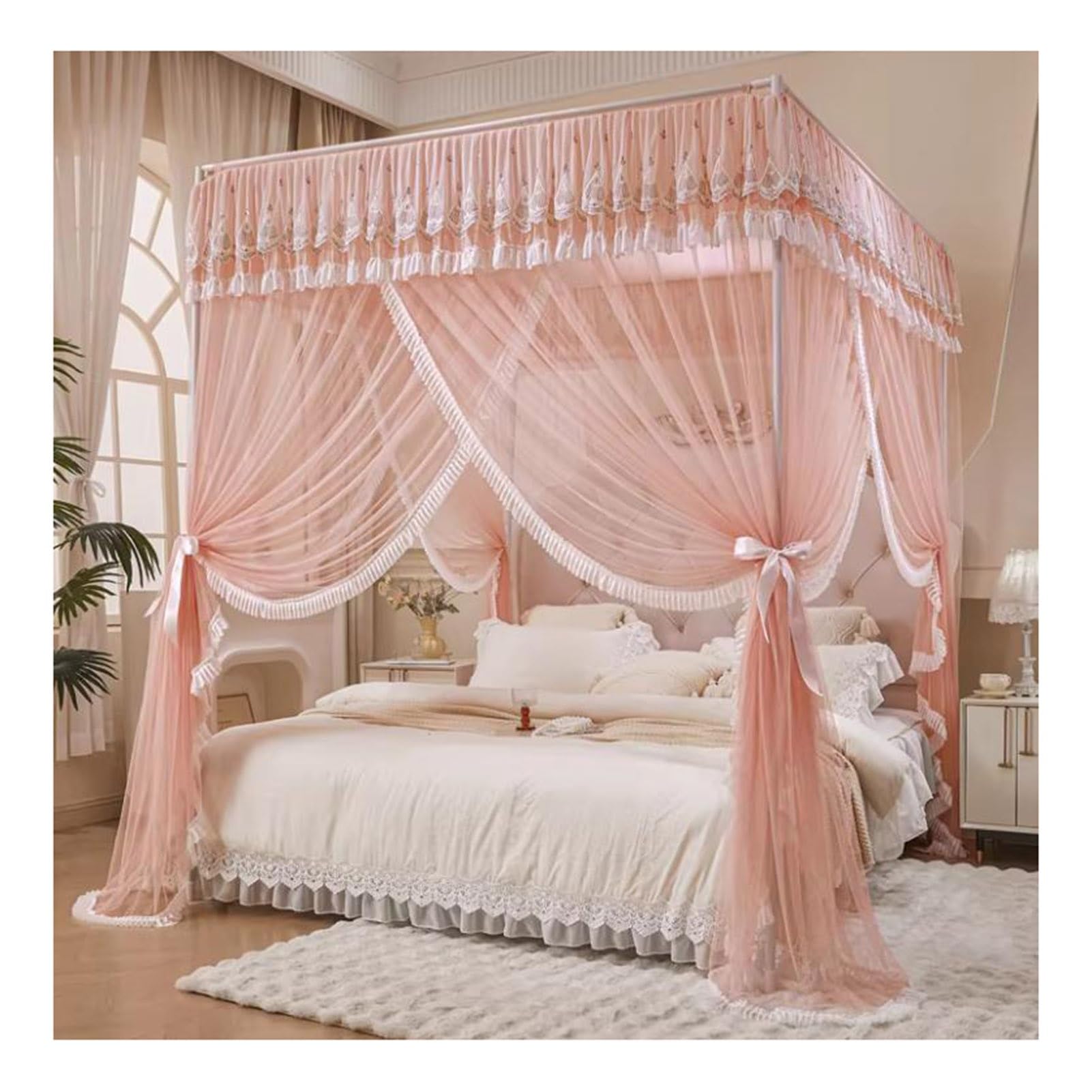 Generico Zanzariera a baldacchino Rosa da Terra - 4 Pali angolari, Design a 3 Ante, Accogliente e Traspirante per la Decorazione della Camera da Letto di Ragazze e Adulti, Dimensioni L 78,7" x P 59,1