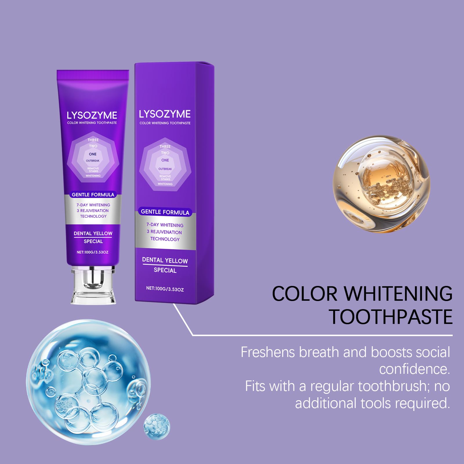 Lysozyme Purple Whitening Dentifricio - Dentifricio correttivo per denti gialli, rimozione delle macchie, respiro fresco, cura dello smalto dei denti, gel delicato per l'igiene orale (5)