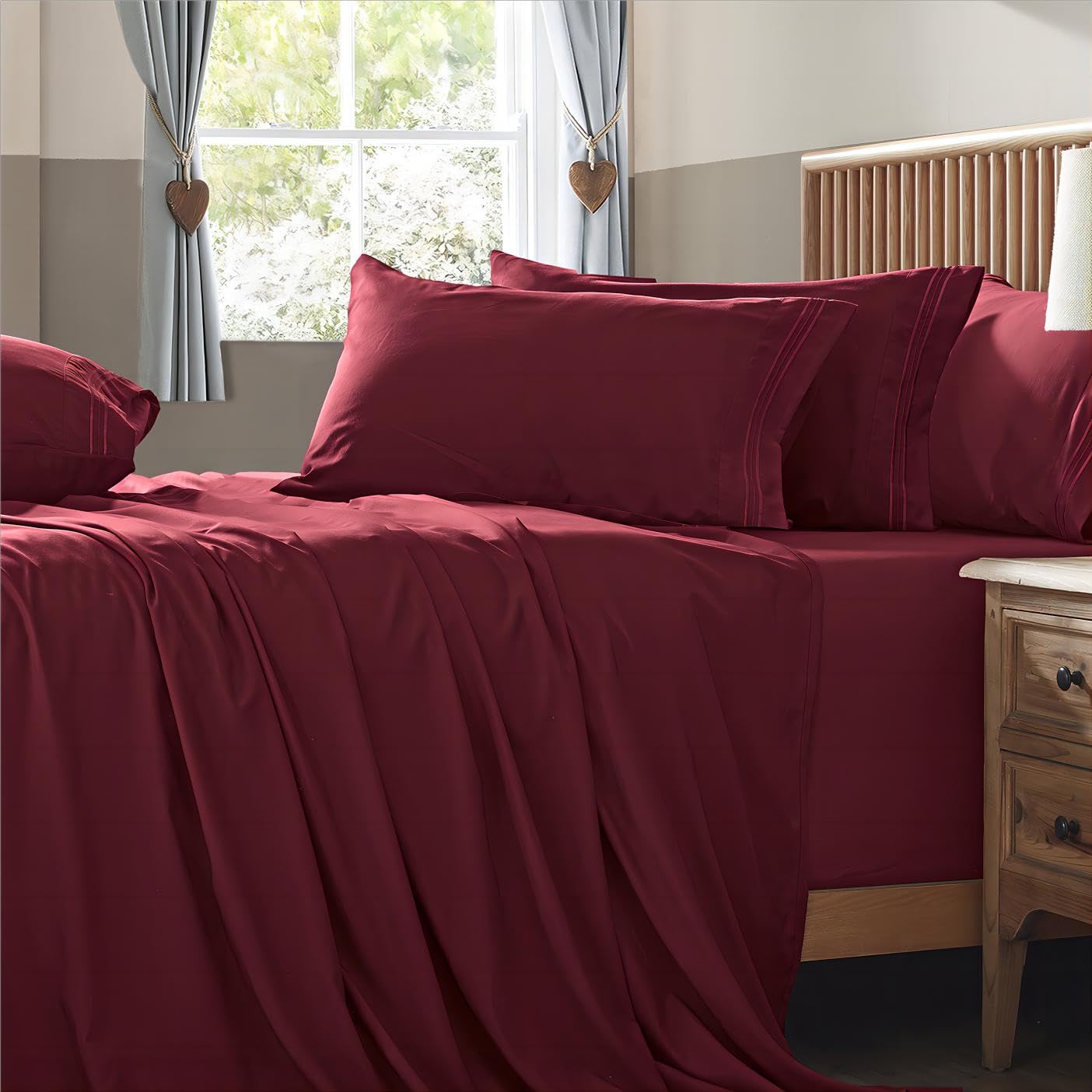 Homiest Extra Deep Pocket Queen Size Sheets Set 6 Pieces Soft Burgundy Sheets 18-24 Inch Deep Pocket Bed