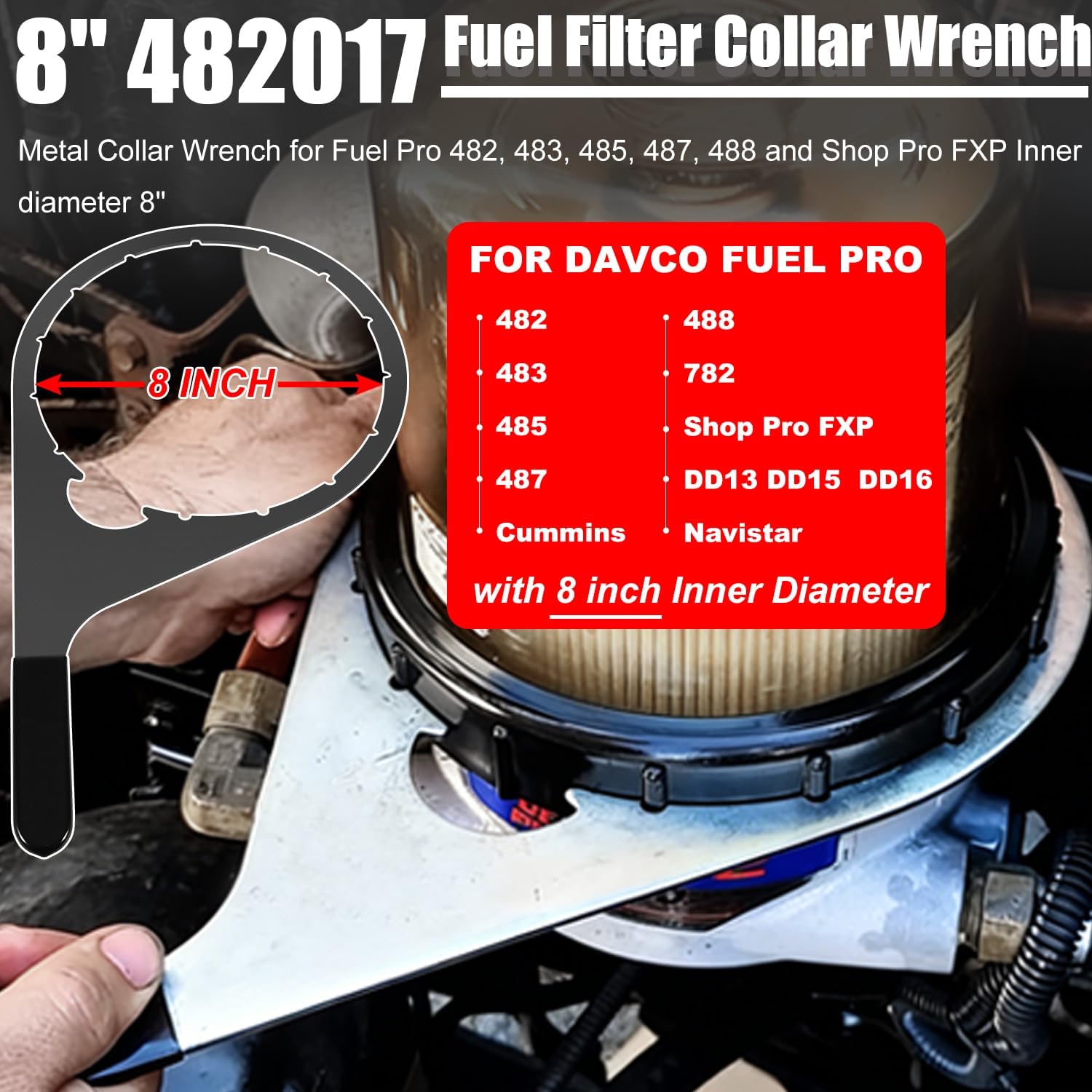 Camoo 8" 482017 Fuel Filter Collar and Vent Cap Wrench Compatible with Davco Fuel Pro 482, 483, 485, 487, 488, 782 and Shop Pro FXP, Heavy Duty Steel Diesel Fuel Filter Removal Tool