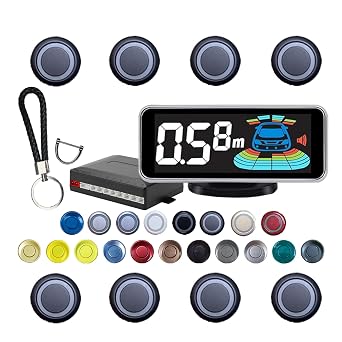 Backup Parktronic System 8-Sensor with LCD Display & Car Keychain,Distance Detection Meter/Feet,English/Spanish/Beep Alert Options 20 Color Probes8 Main Colors 20mm Compact Elegant Design