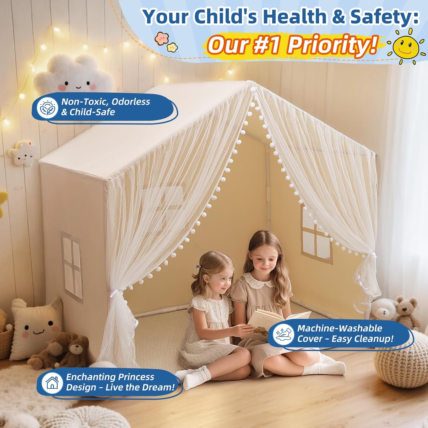 (Incomplete)Large Kids Play Tent, 55.1in Length, Fits 3-4 Children,Indoor Playhouse for Kids, with Padded Mat and Lights, Bed Tent for Toddler, Birthday for Boys Girls Tent with Detachable Bottom Beige