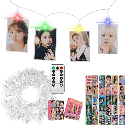 Twice Merch - Luz LED con clip de 4 colores con tarjetas fotográficas grandes, control remoto de 10 pies, 20 LED y 30 tarjetas Lomo de 3.1 x 4.7