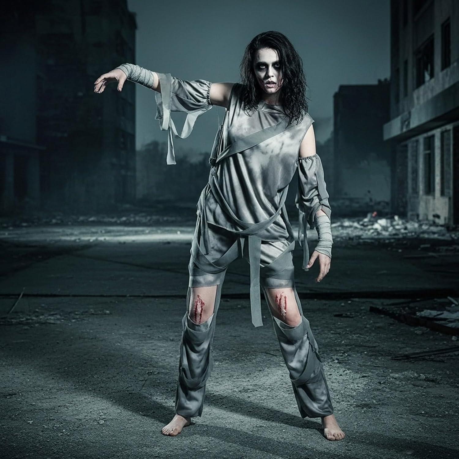 Mepase 4 Pcs Halloween Mummy Costume Zombie Costume for Men Women, Include Top Pants Sleeves Bandage Mummy Wrap Cosplay - Image 3