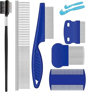 Pet Grooming Comb Kit, Tear Stain Remover Brush, Undercoat Rake for Dogs & Cats, Dematting Tool for Long Haired Dogs Kittens Puppies, Flea Comb for Removal Dandruff Tangles Knots, Shedding Hair & Fur