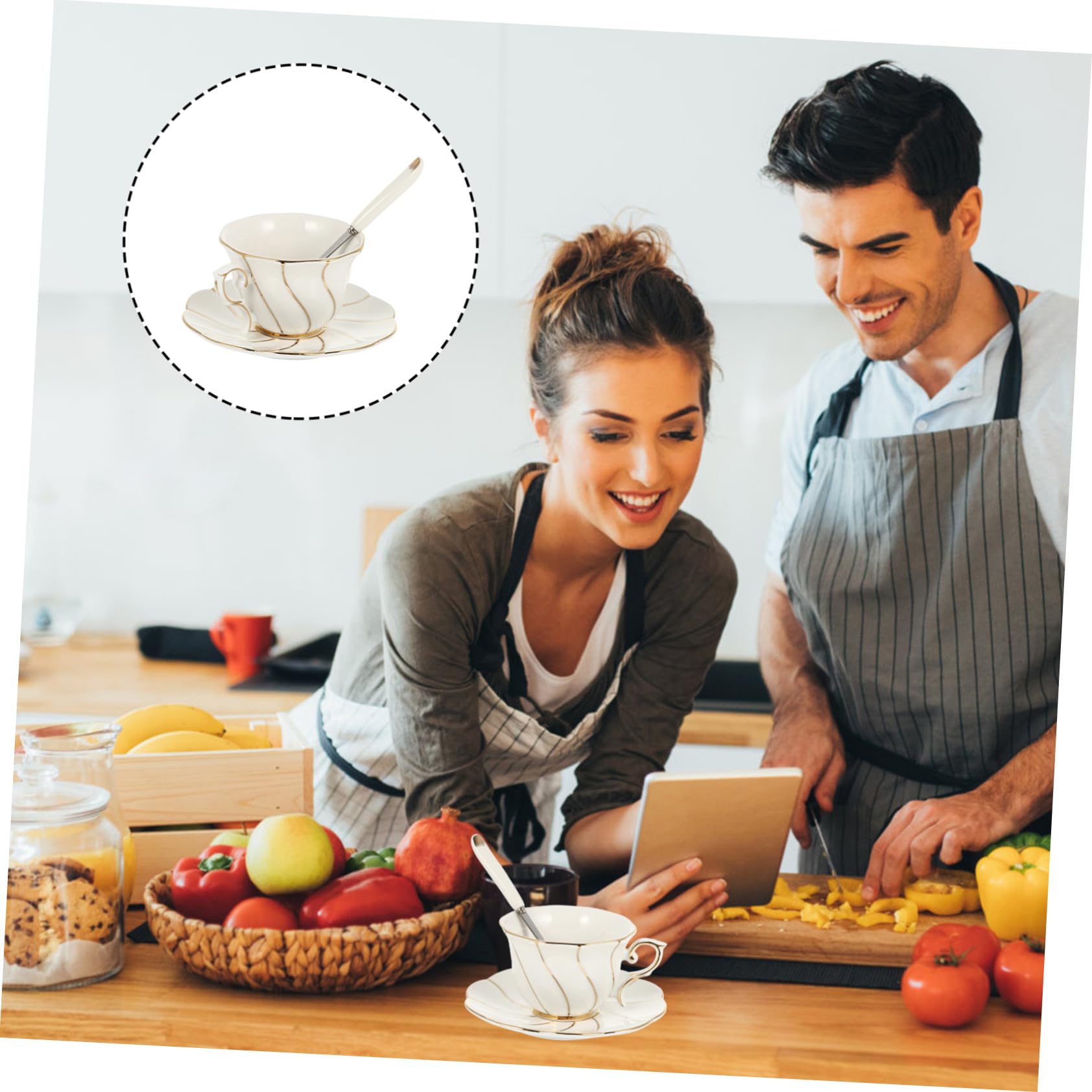 Kaffeetassen Satz Keramik mit Untertassen Weiß Großes Fassungsvermögen Elegantes Geschirr für Kaffee und Tee