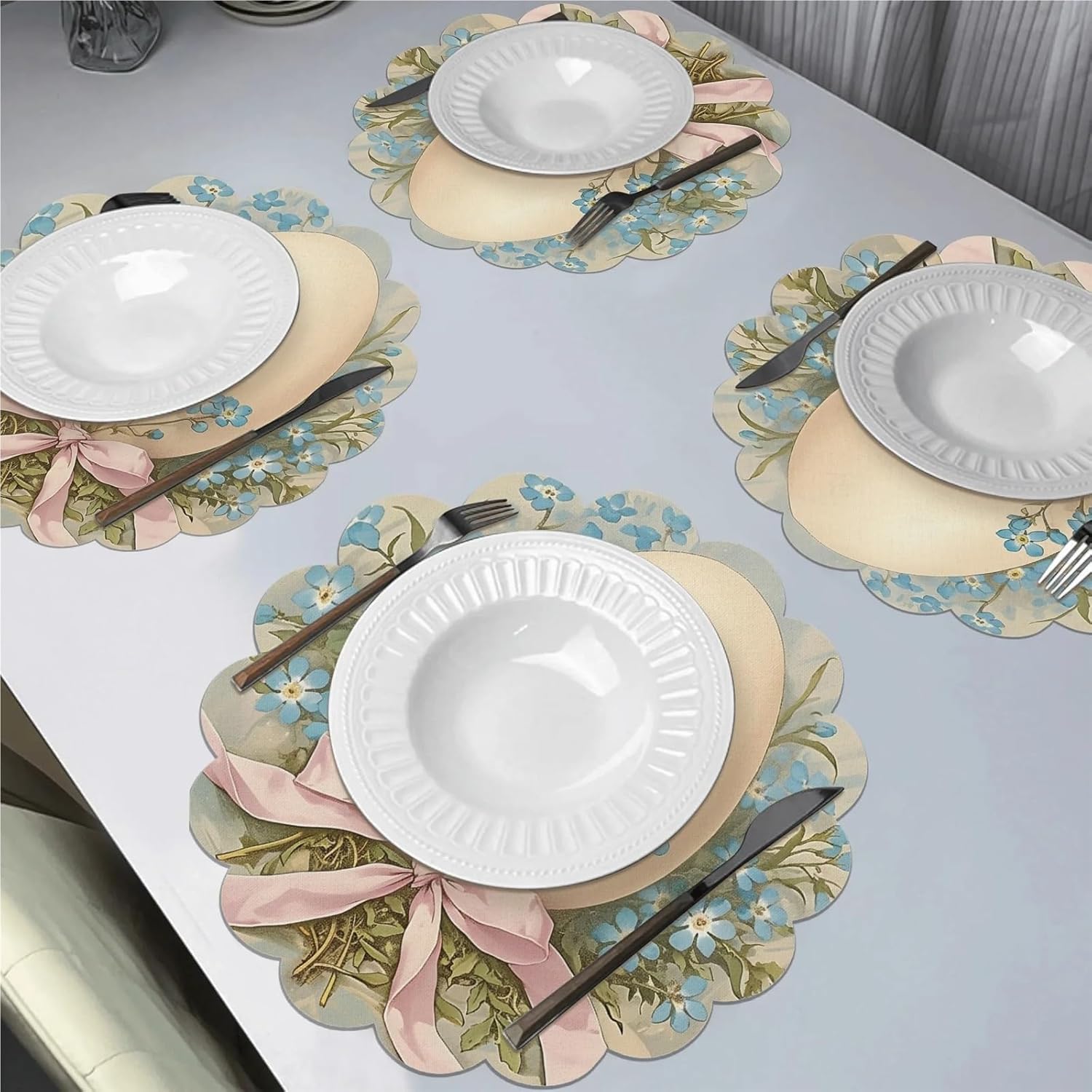 4PC Easter Egg Mat Light Beige Egg Blue Flower Spring Easter Party Restaurant Decoration
