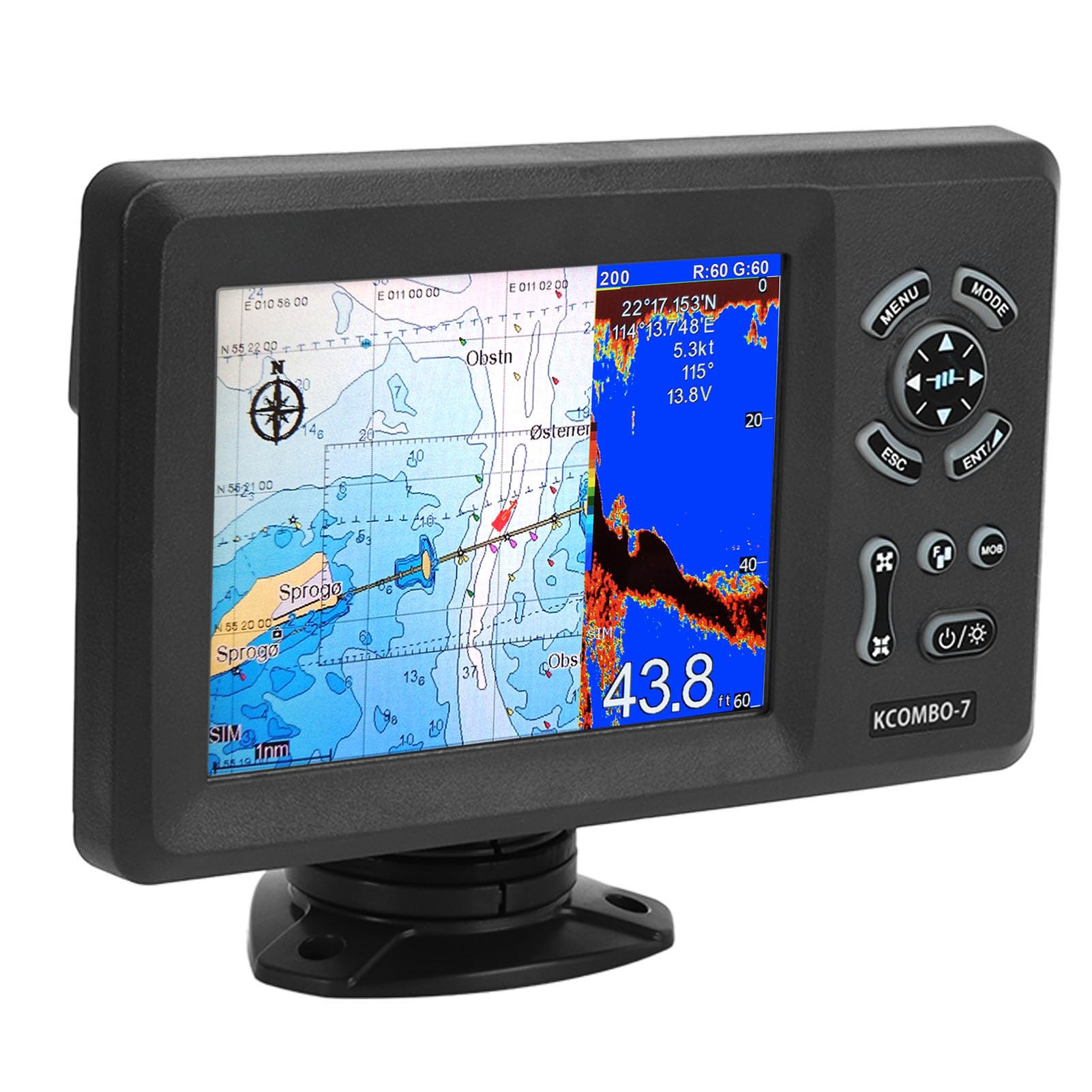 7-Zoll-Marine-GPS-Navigator, Plotter, Eingebauter Fischfinder, Farbiger LCD-Navigator, Marine-Bootsanzeige, Geteilter Bildschirm, IP66-Schutz, Navigationsortung