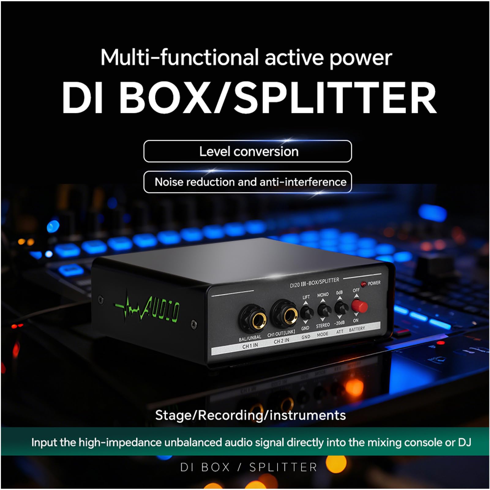 Luocute DI Box Attivo, Interfaccia Audio Bilanciata a Doppio Canale con Isolatore DI Terra Risposta in Frequenza 20Hz 20kHz, Box Audio a Iniezione Diretta per Studi DI Registrazione DI
