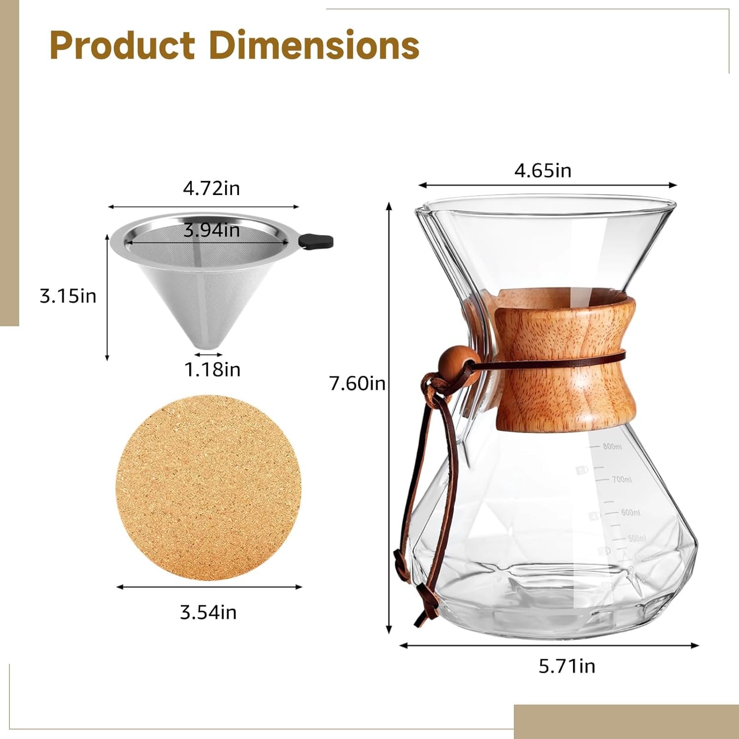 800 Ml/27 Oz Pour Over Coffee Maker Set, Glass with Wood Handle, Includes Stainless Steel Filter and 4 Coasters, Single Serve Design