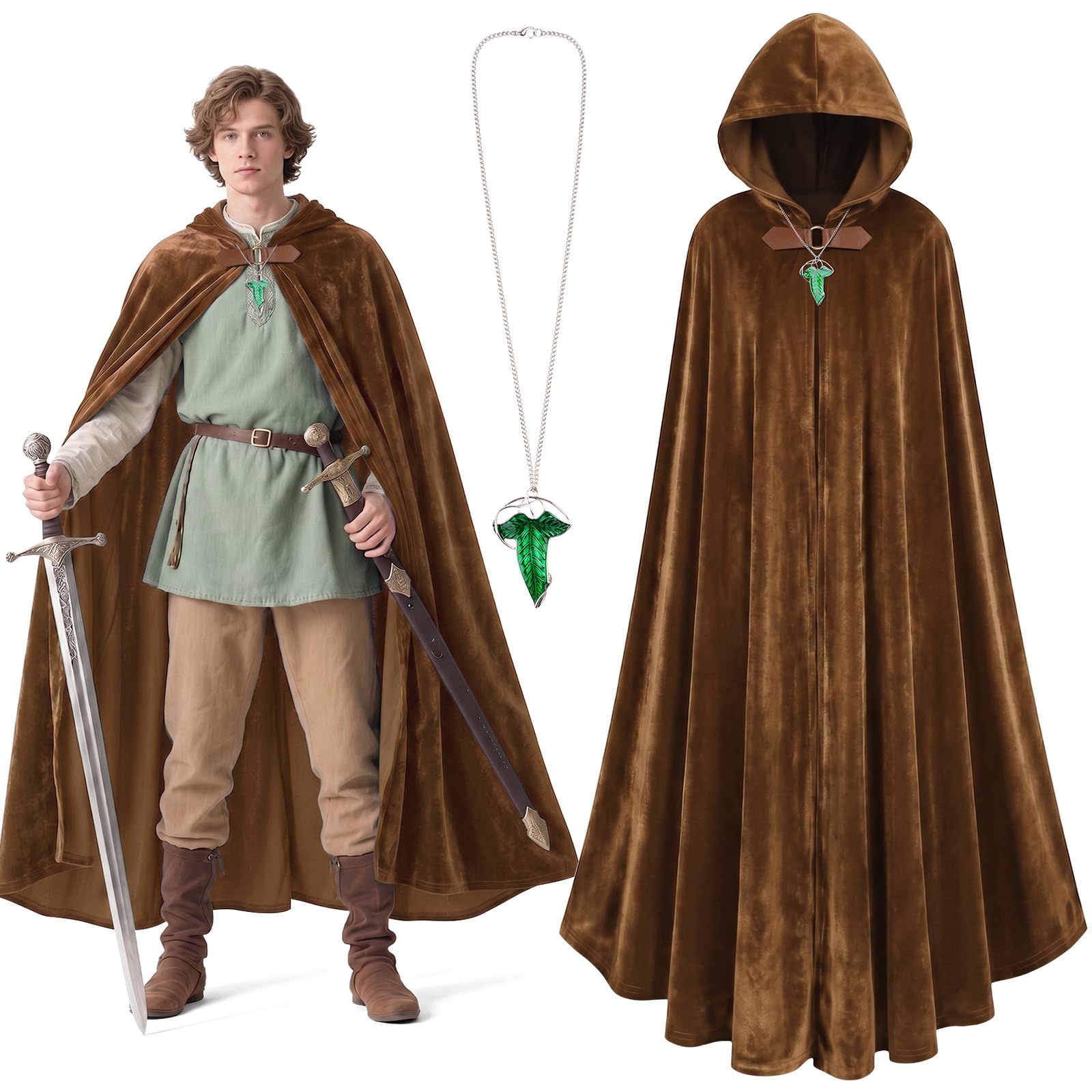 BSBUY Medieval Costume Cloak with Hood Men Renaissance Hooded Coat Vintage Gothic Witch Wizard Robe Hooded Cape with Green Leaf Brooch Necklace for Halloween World Book Day(Extra Long-Brown)