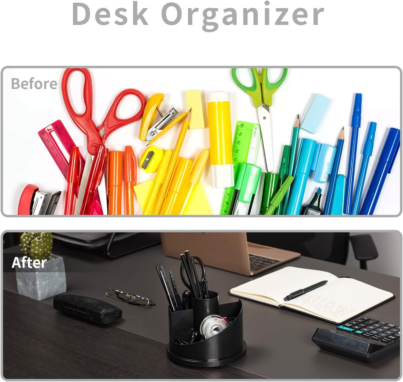 Rotating Desk Organizer Office Supplies Caddy Gift Set Come with Tape Dispenser, Pens, Stapler, Binder Clips, Sharpener, Scissor, Eraser, Black : Office Products