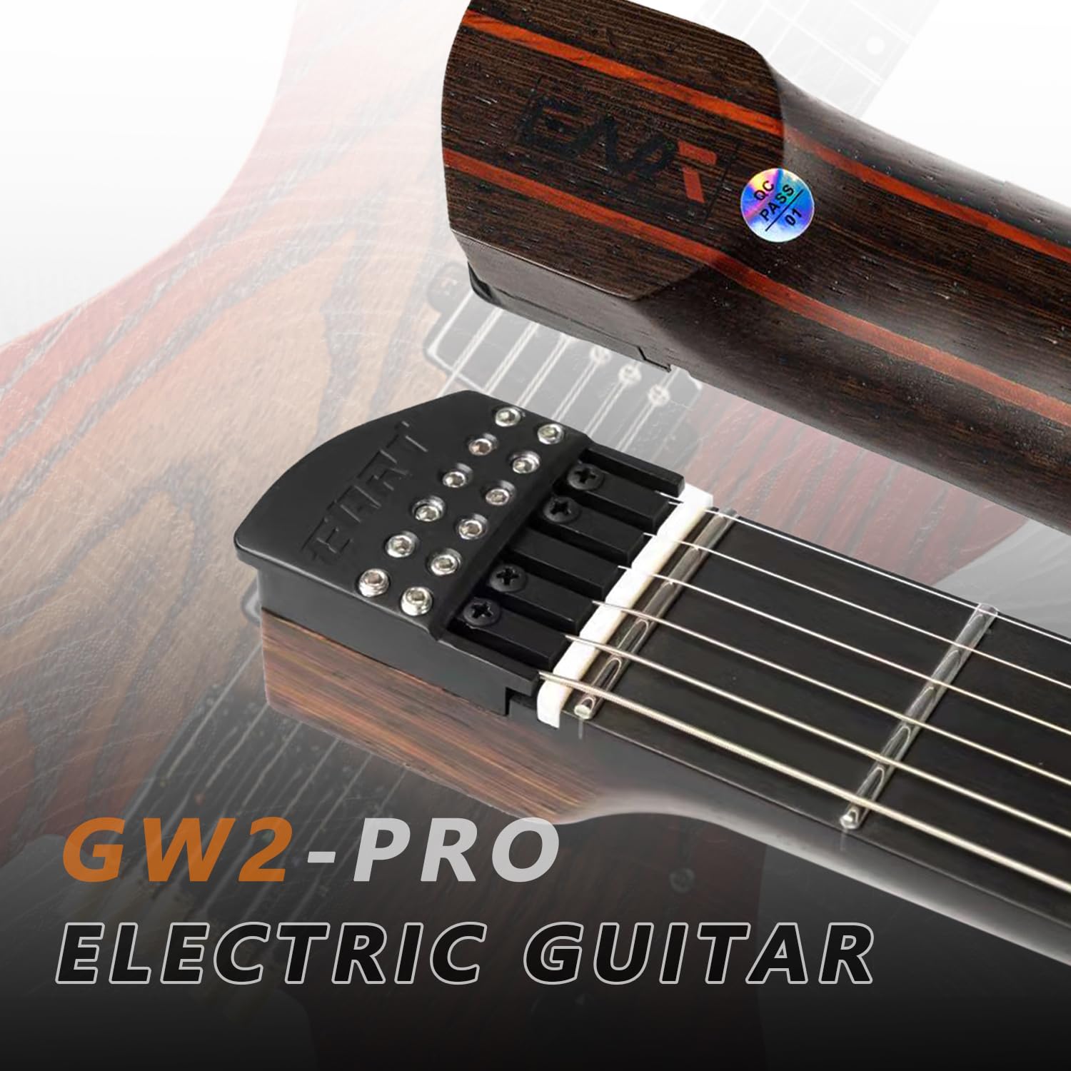 EART GW2-Pro Headless E-Gitarre feste Brücke für Reisen, geröstete Esche Solid Body - Wenge Neck, Trans White/Natural/Solid Black