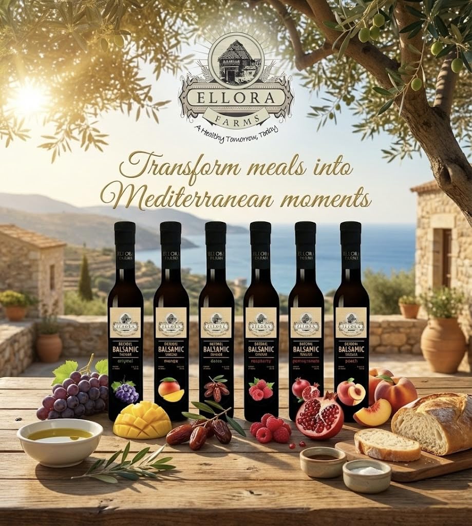 Ellora Farms, Pomegranate Infused Thick Aged Balsamic Vinegar, No-Added Sugar, No-Preservatives, Real Fruit, Glass Bottle, 8.45 oz.