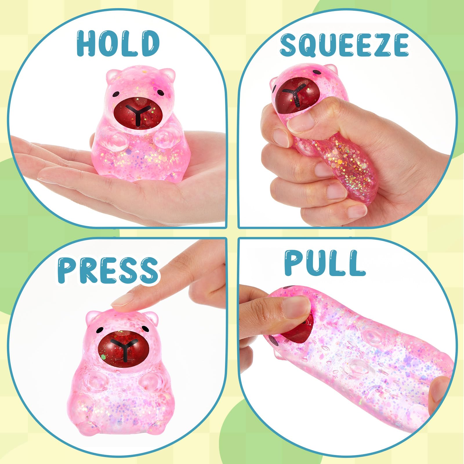 Simgoing 6 piezas sensoriales para aliviar el estrés con purpurina capibara apretar, 4 colores, lindo relleno de azúcar de malta, elástico, para adultos, regalo relajante para fiesta de cumpleaños