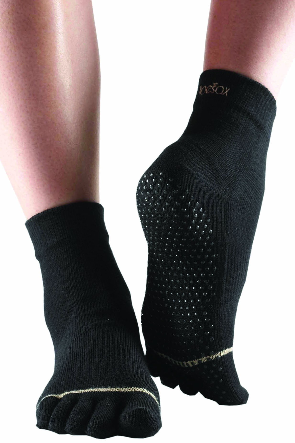 ToeSox Men's and Women's 1 Pair Full Toe Organic Cotton Ankle Yoga Socks In Black