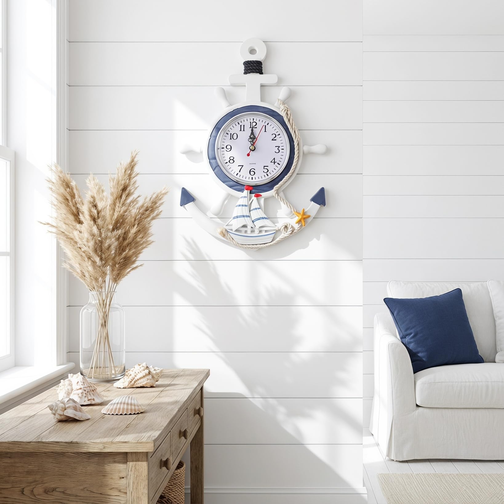 BESPORTBLE Orologio da parete stile mediterraneo Beach Sea Theme nave nautica ruota decorazione da appendere alla parete