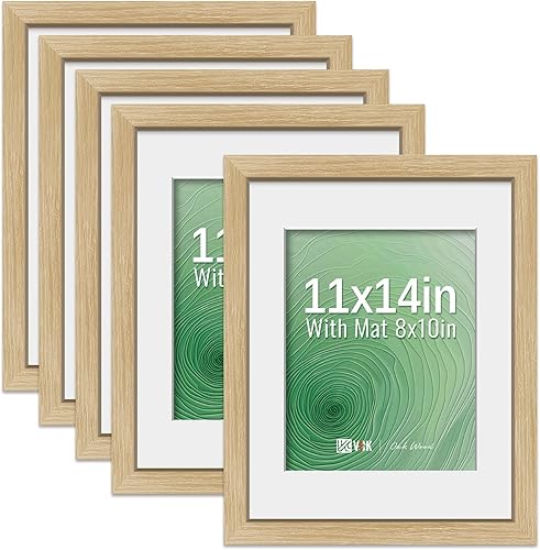 VCK Marco de Fotos 11x14 Paquete de 5 - Roble Natural, Marcos de Póster de Madera de Alta Gama con Vidrio Templado, Muestra Fotos de 8x10 con