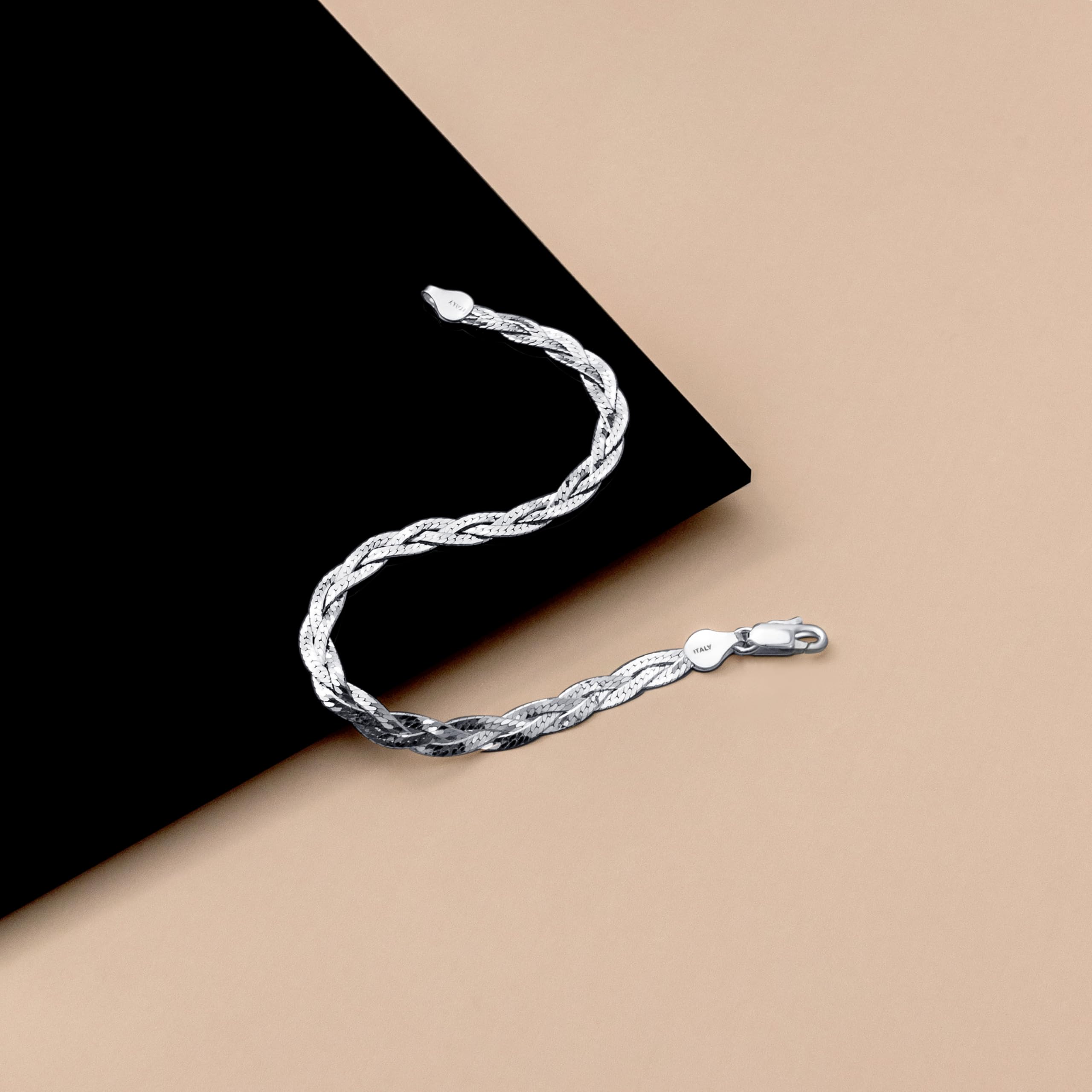 Amberta Pulsera para Mujer en Plata de Ley 925 Eslabon Herringbone Longitud 19 cm